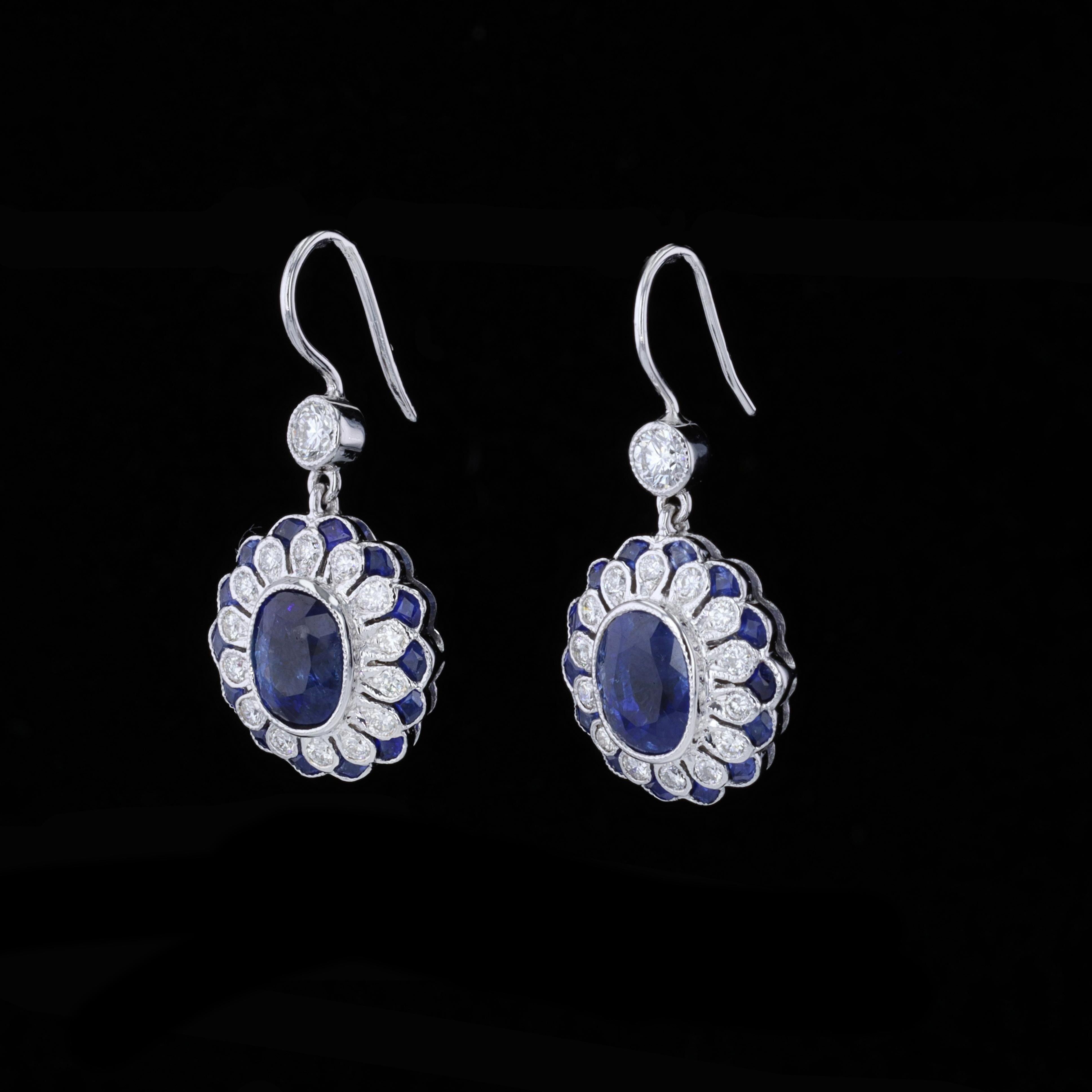Art Deco 18K White Gold Diamond and Sapphire Earrings For Sale