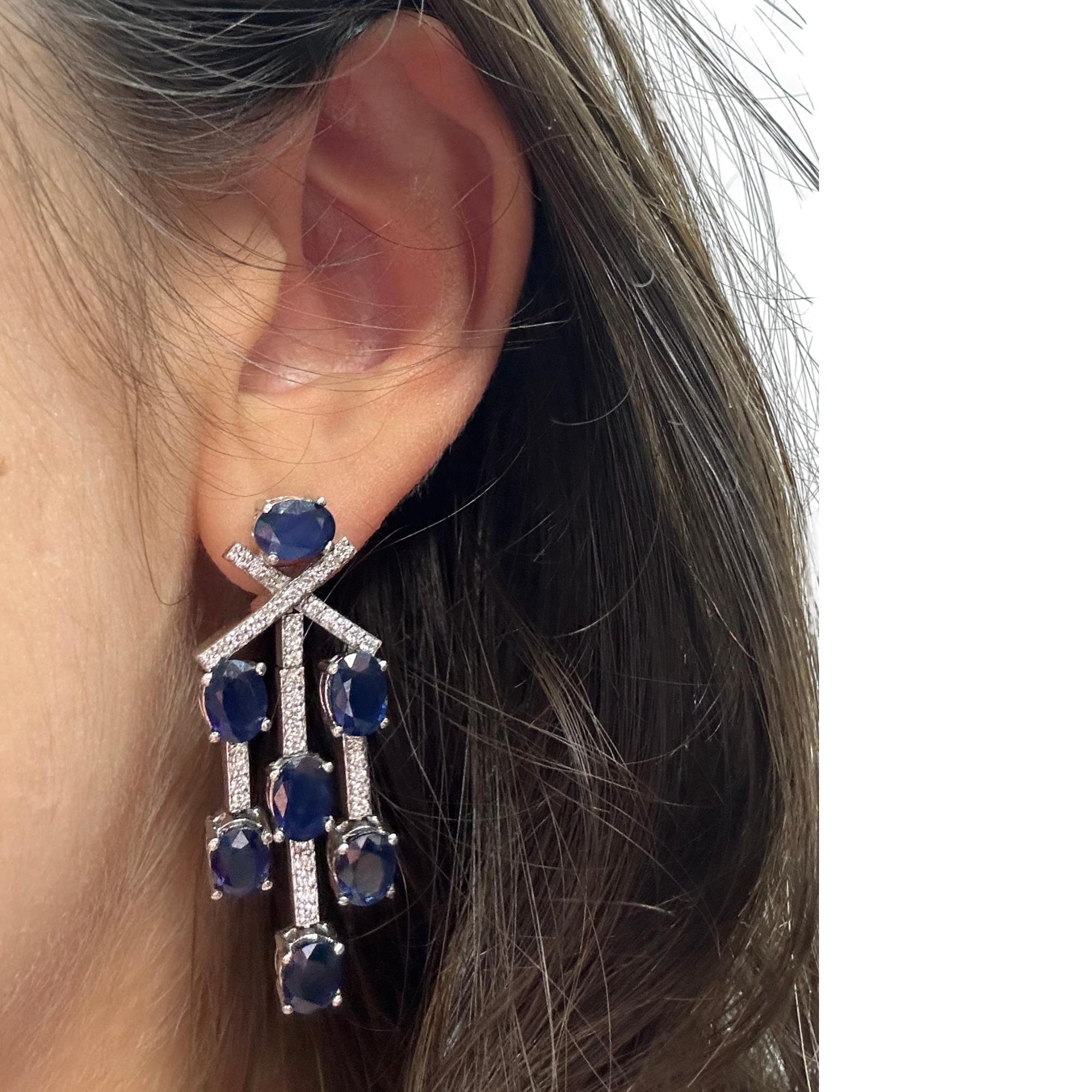Round Cut 18k White Gold Diamond and Sapphire Earrings For Sale