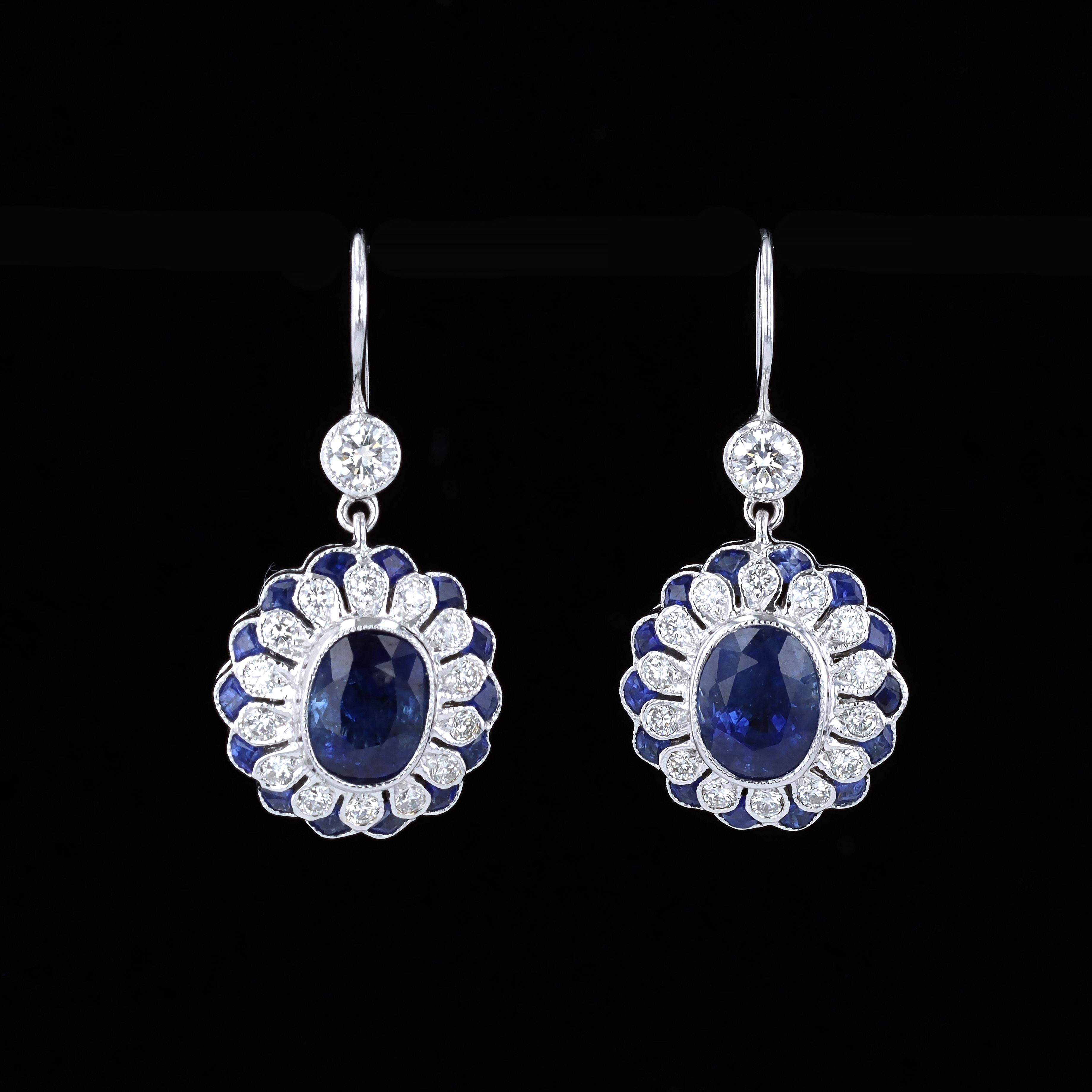 18K White Gold Diamond and Sapphire Earrings In Excellent Condition For Sale In NEW ORLEANS, LA