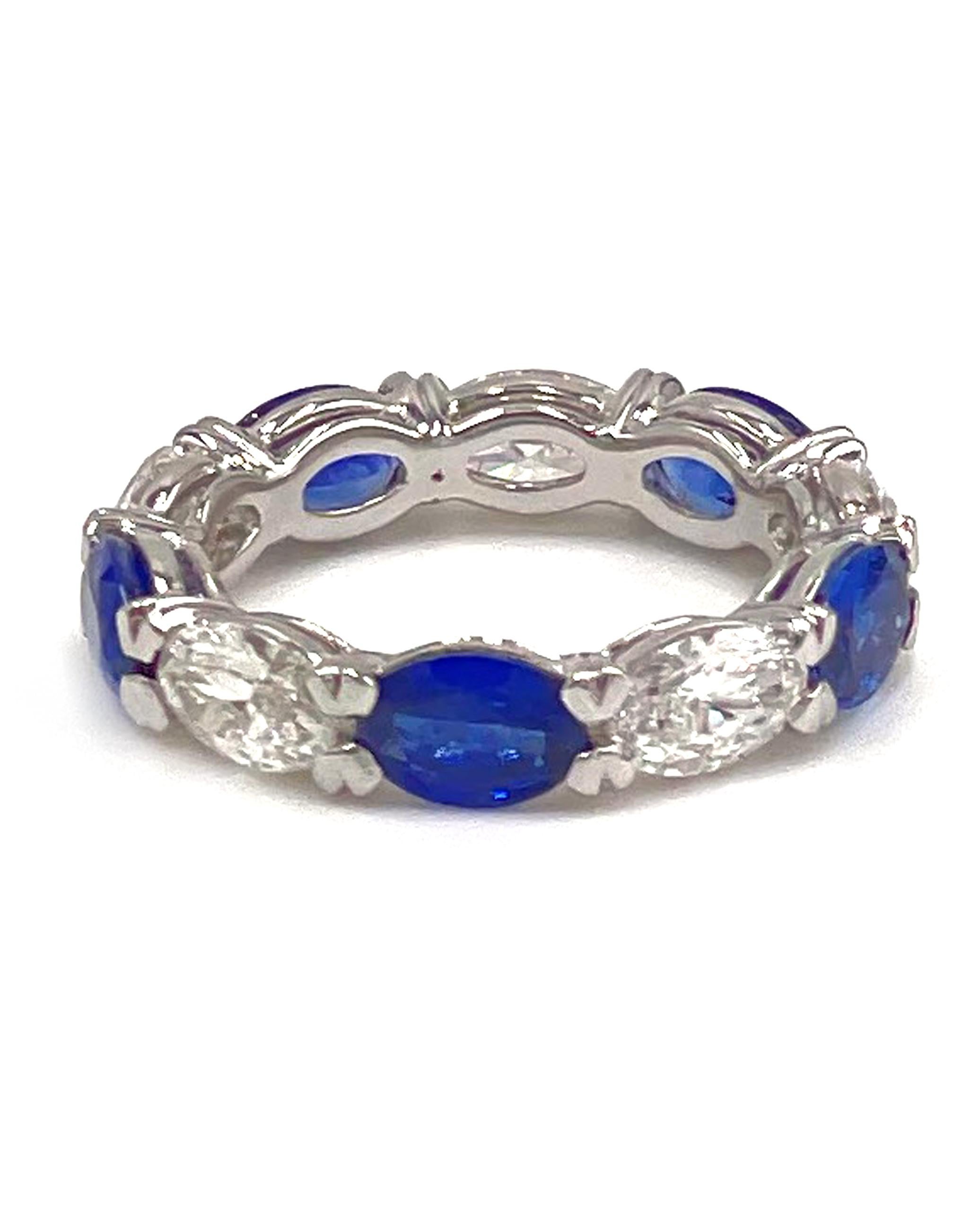 Contemporary 18K White Gold Oval Shape Diamond and Sapphire Eternity Ring