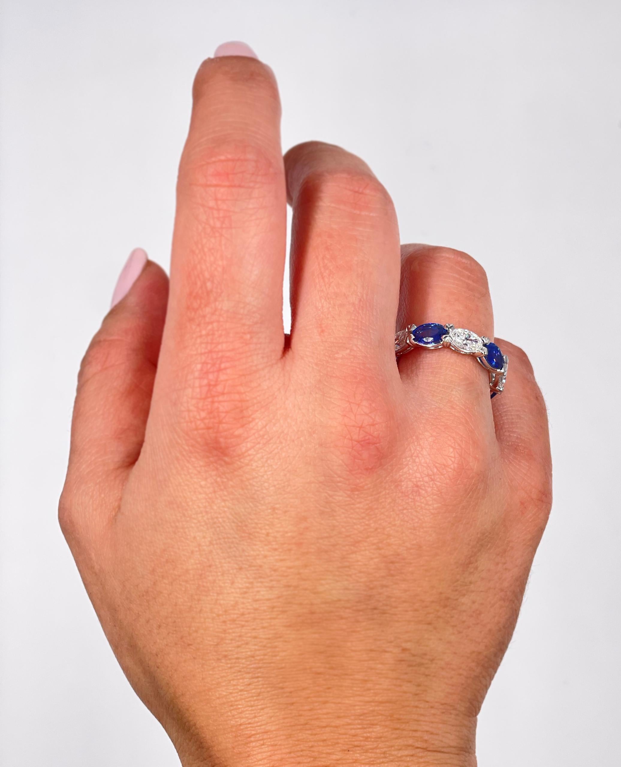 Oval Cut 18K White Gold Oval Shape Diamond and Sapphire Eternity Ring