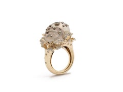 18 Karat Gold Diamond and Sapphire Japanese Waves Ring with Rock Crystal Shell