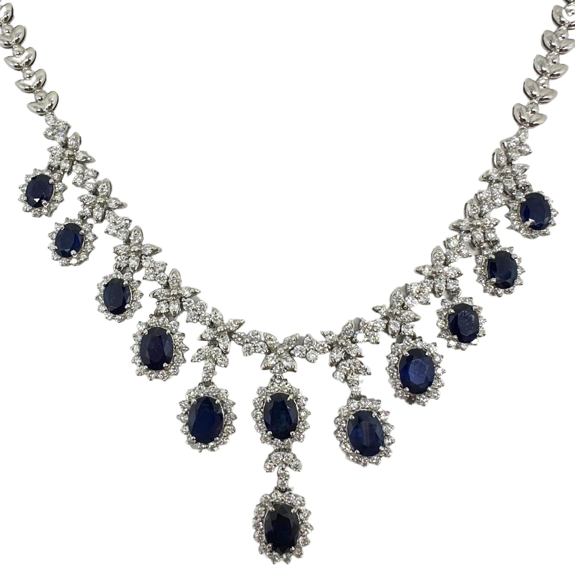 18K White Gold Diamond and Sapphire Necklace
Condition: In good condition with some minor surface wear consistent with age.
Length: 15 inches, 1.5 inch drop
Markings: “T1365