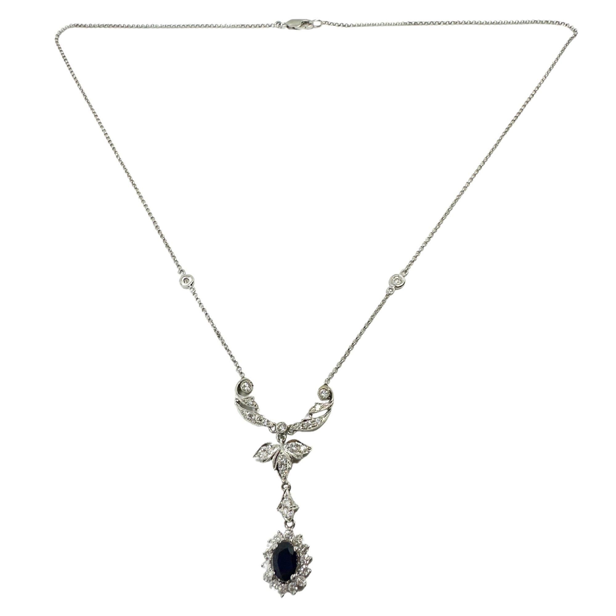 Oval Cut 18k White Gold Diamond and Sapphire Necklace For Sale