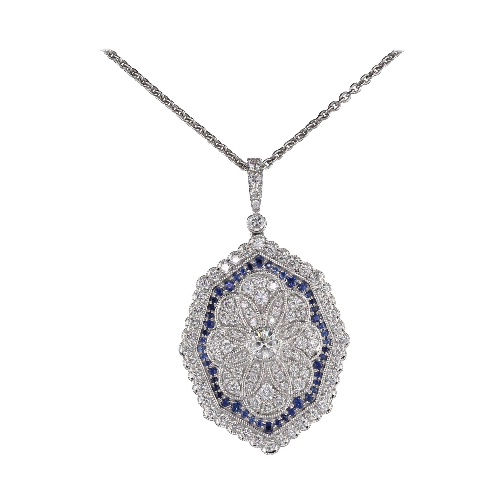 18K White Gold Diamond and Sapphire Necklace For Sale