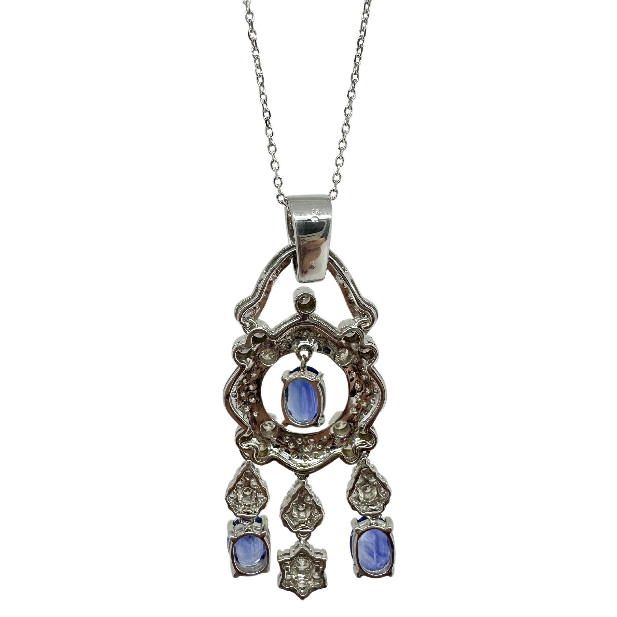 18K White Gold Diamond and Sapphire Pendant Necklace For Sale 4