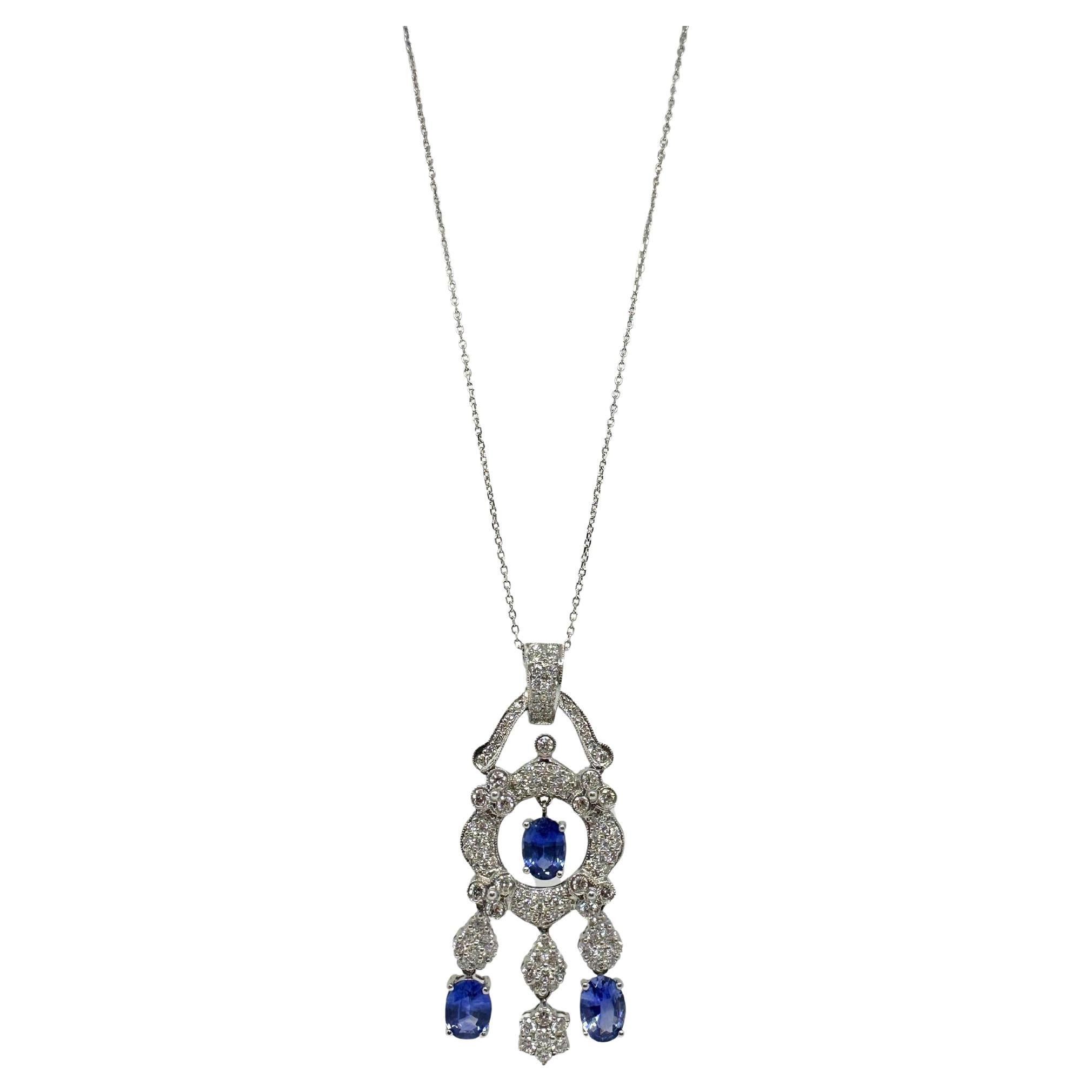 18K White Gold Diamond and Sapphire Pendant Necklace