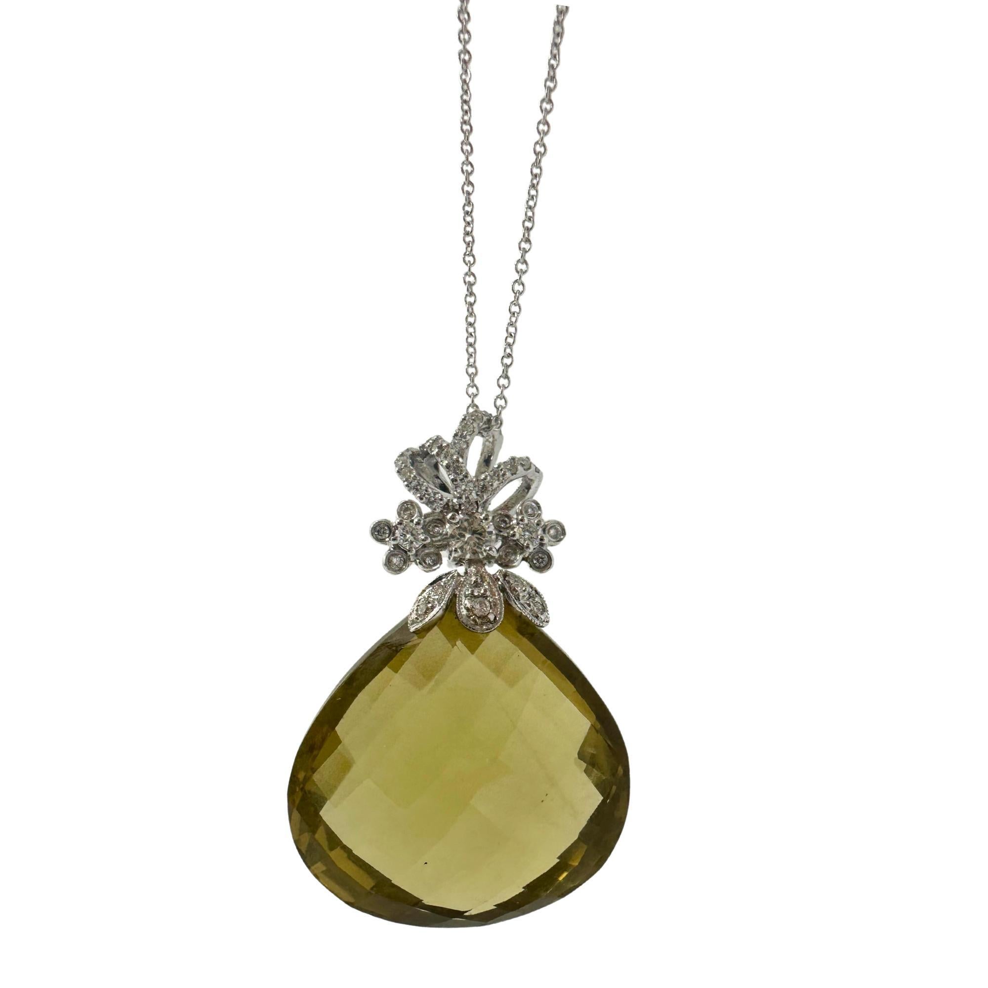 Round Cut 18K White Gold Diamond and Smoky Topaz Pendant Necklace For Sale