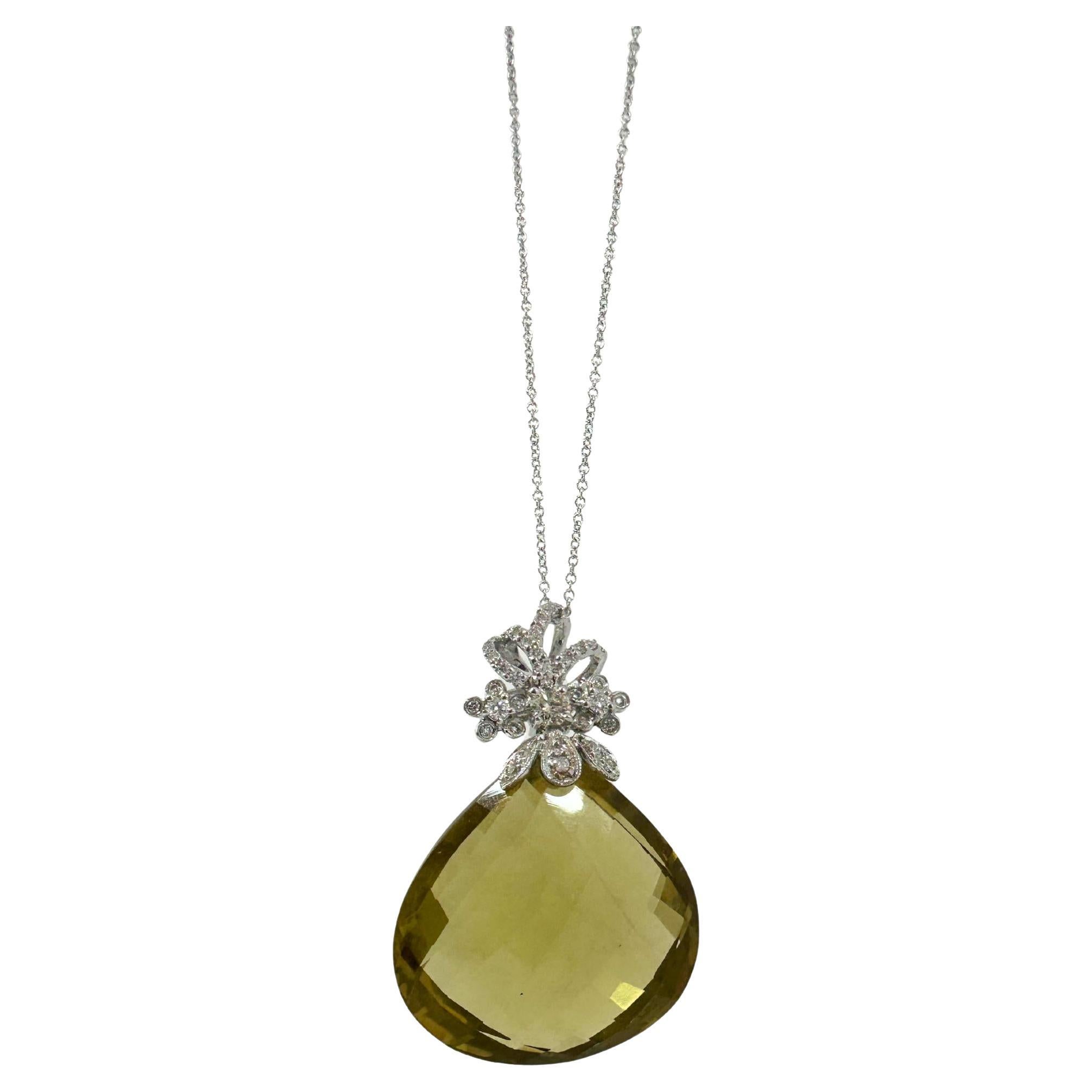 18K White Gold Diamond and Smoky Topaz Pendant Necklace