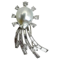 18K White Gold Diamond and South Sea Pearl Brooch