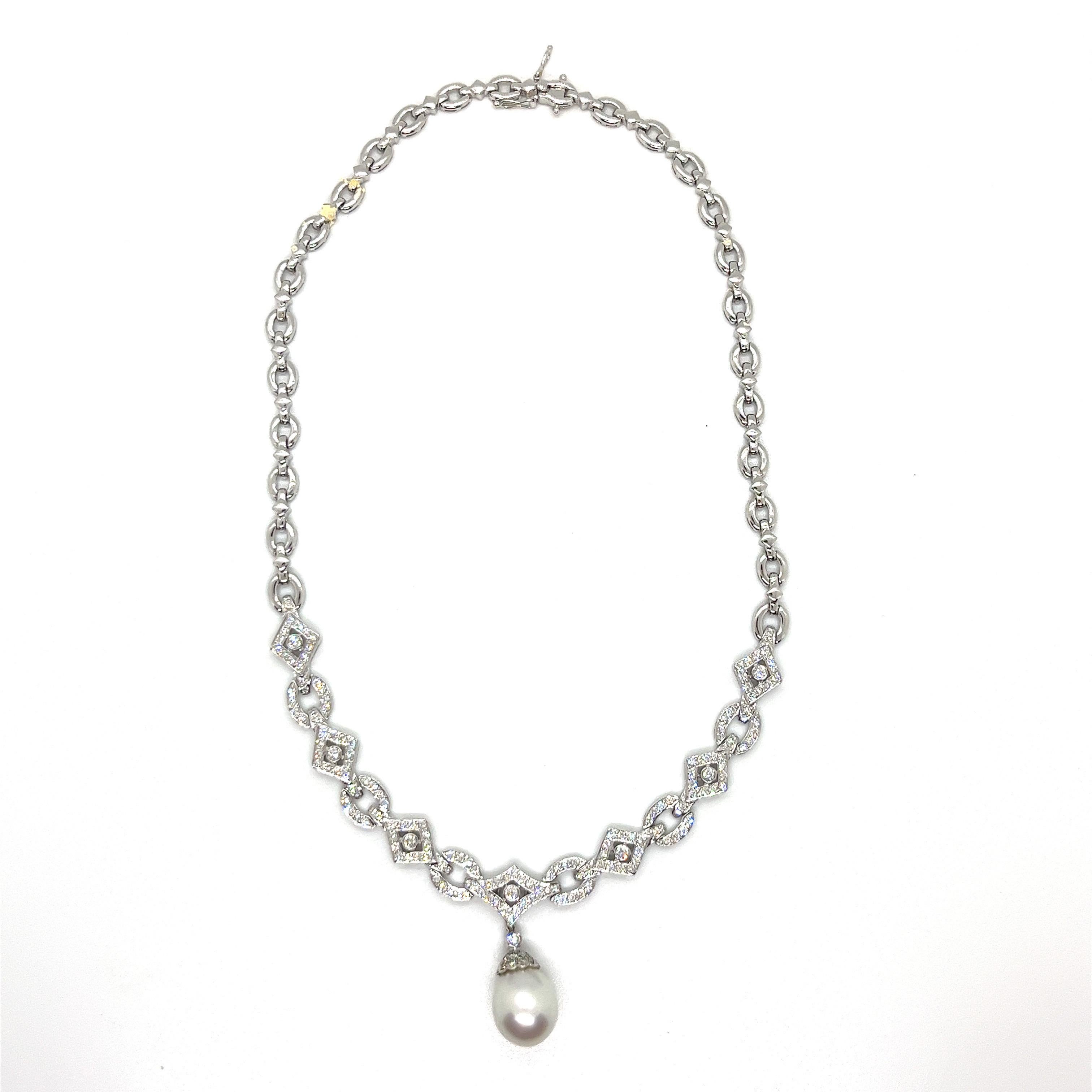 This extraordinary necklace is a true celebration of nature's most exquisite treasures, expertly crafted in luxurious 18K white gold and adorned with dazzling diamonds and a magnificent South Sea pearl. Every aspect of this piece exudes unparalleled