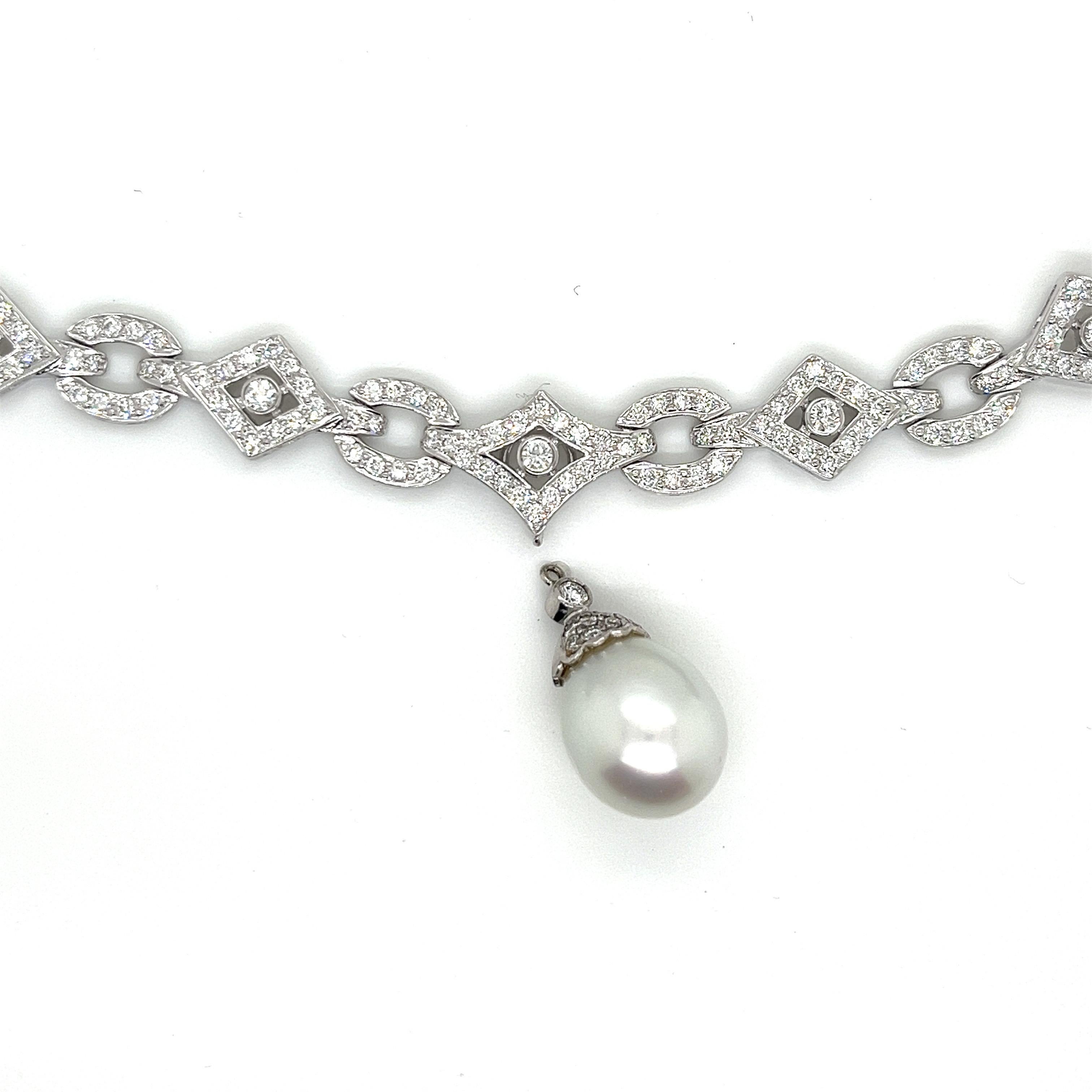 Women's 18K White Gold Diamond and South Sea Pearl Necklace For Sale