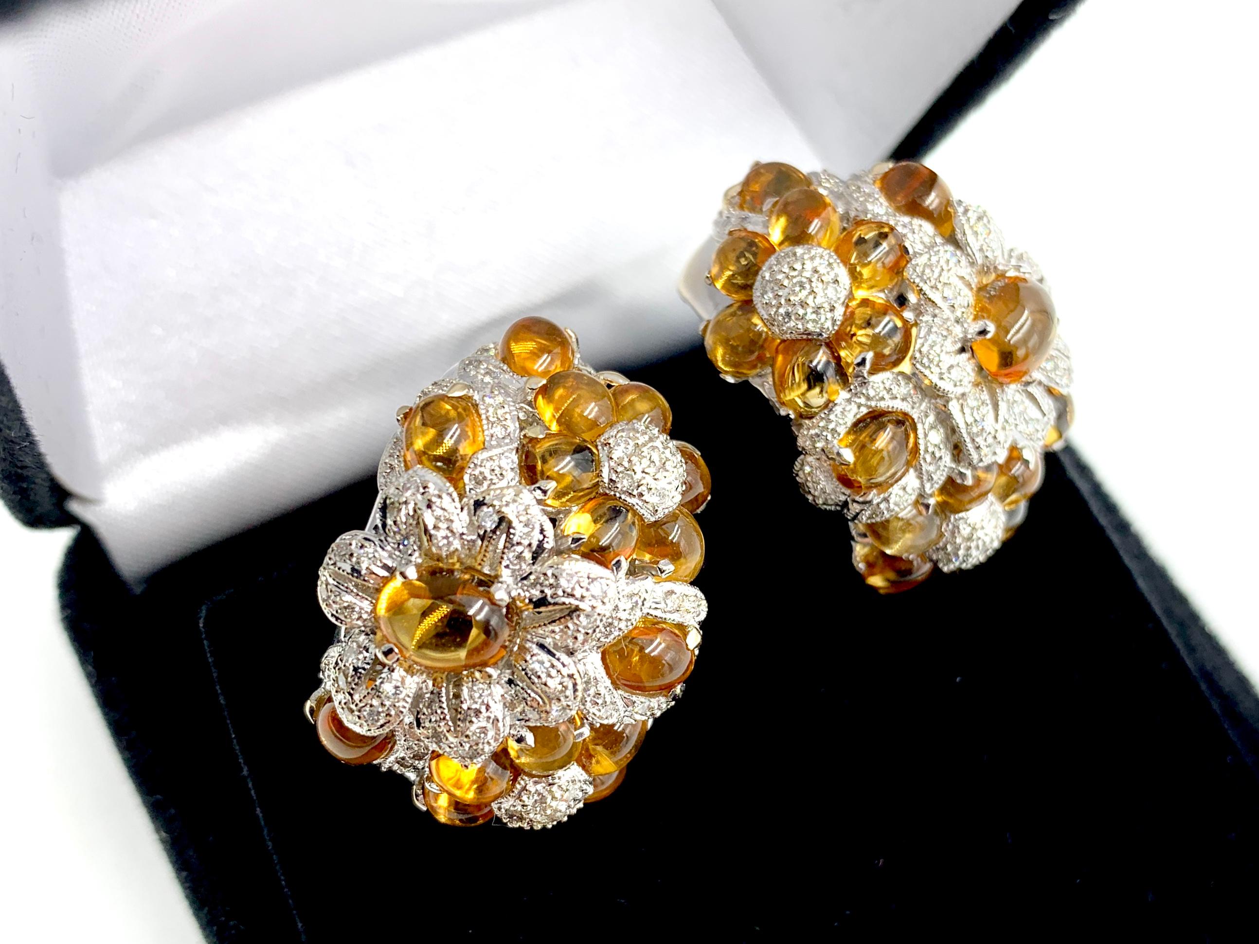 Romantic Sette Fiori Diamond 18K White Gold Cabochon Topaz Flower Cluster Earrings