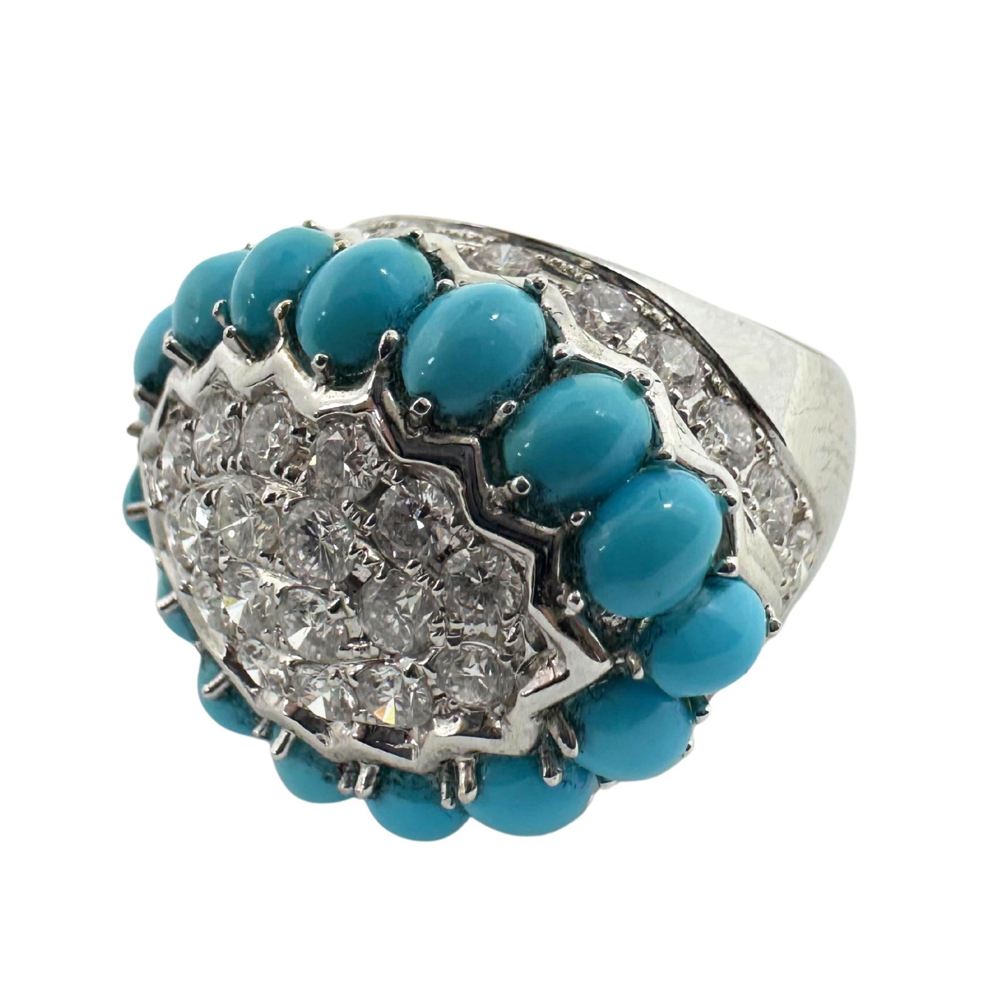 Stunning 18K cluster ring showcasing a central dome of 1.86 carats of diamonds framed by a halo of 4.47 carats of turquoise cabochons. The layered design creates a bold, dimensional look with vibrant color contrast.

18K White Gold Diamond and