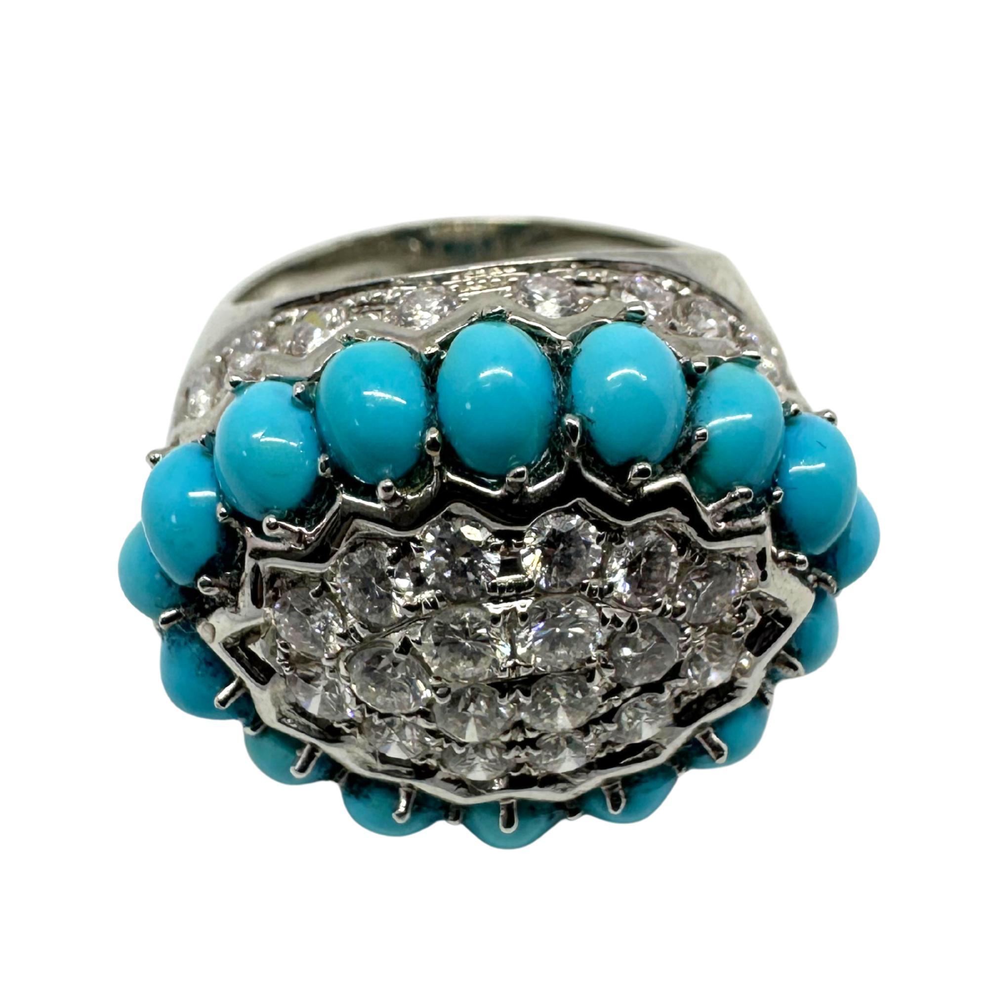Round Cut 18K White Gold Diamond and Turquoise Cluster Ring For Sale