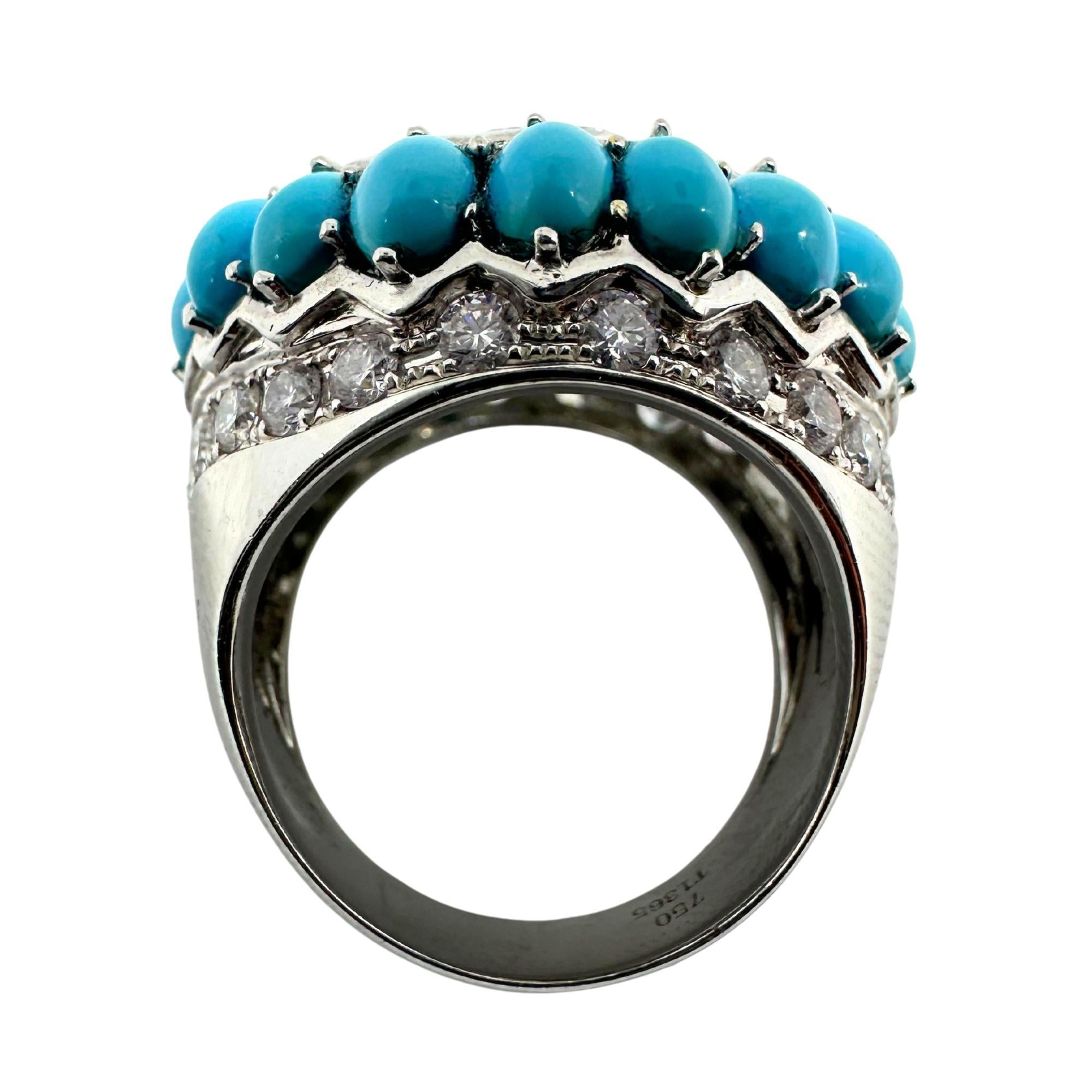 Women's 18K White Gold Diamond and Turquoise Cluster Ring For Sale