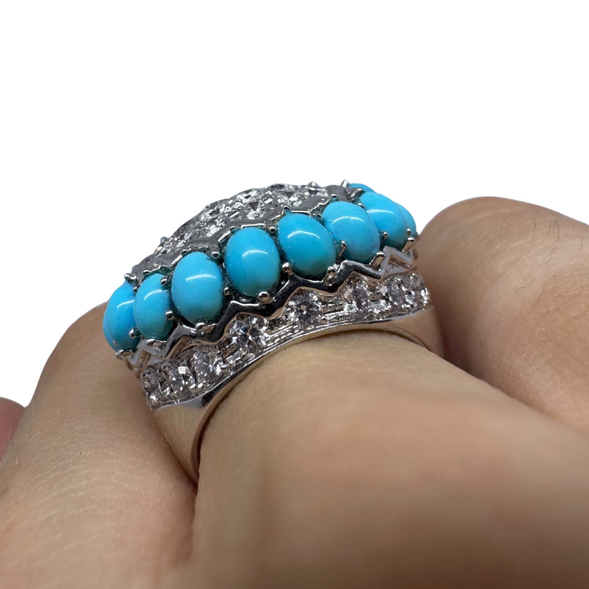 18K White Gold Diamond and Turquoise Cluster Ring For Sale 2