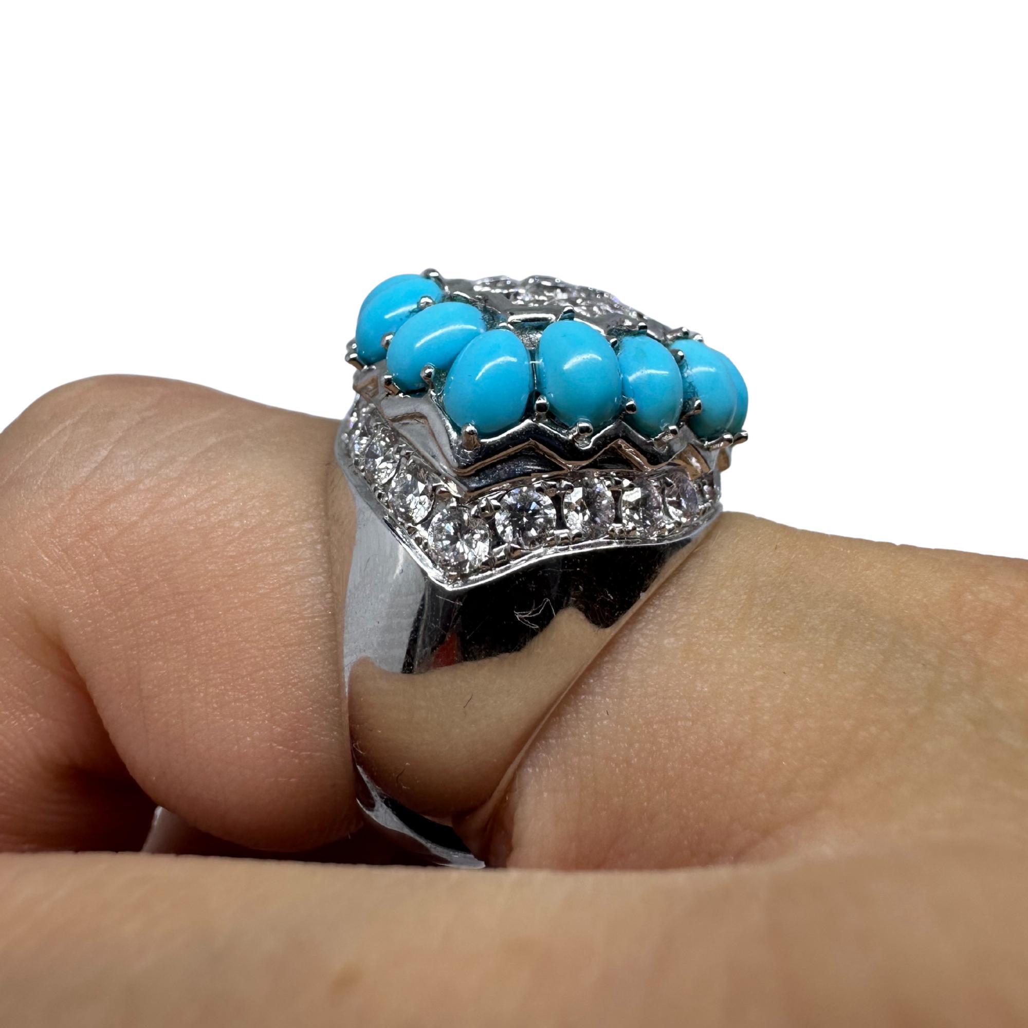 18K White Gold Diamond and Turquoise Cluster Ring For Sale 3