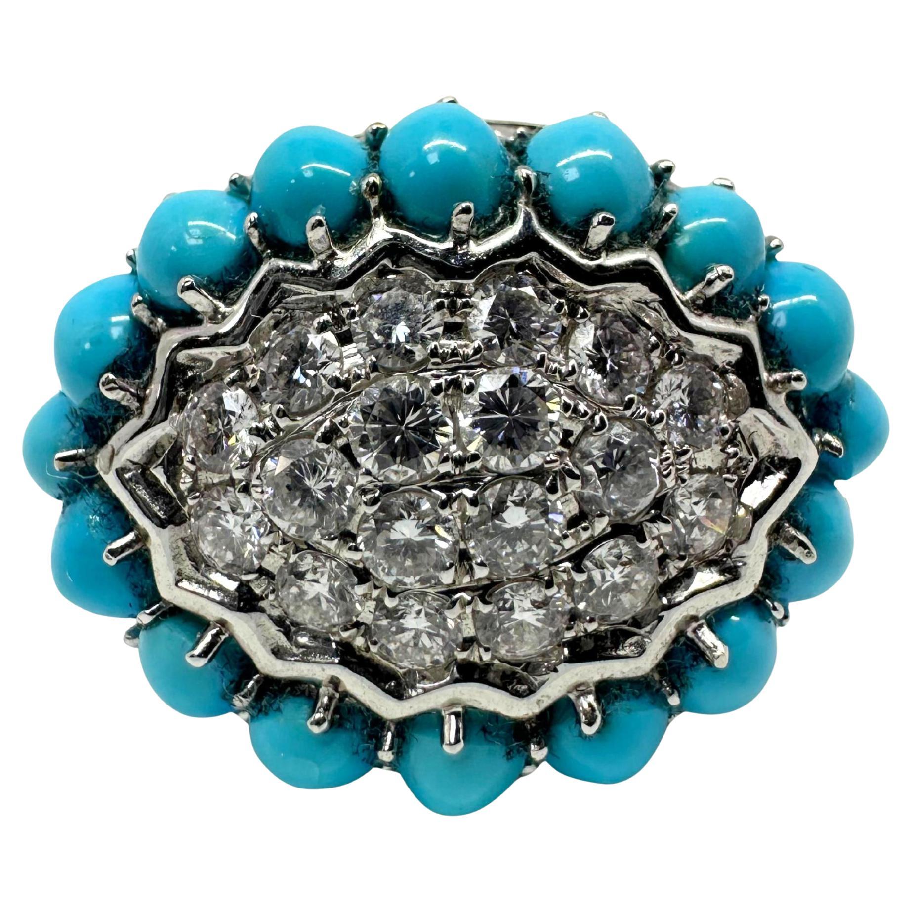 18K White Gold Diamond and Turquoise Cluster Ring For Sale
