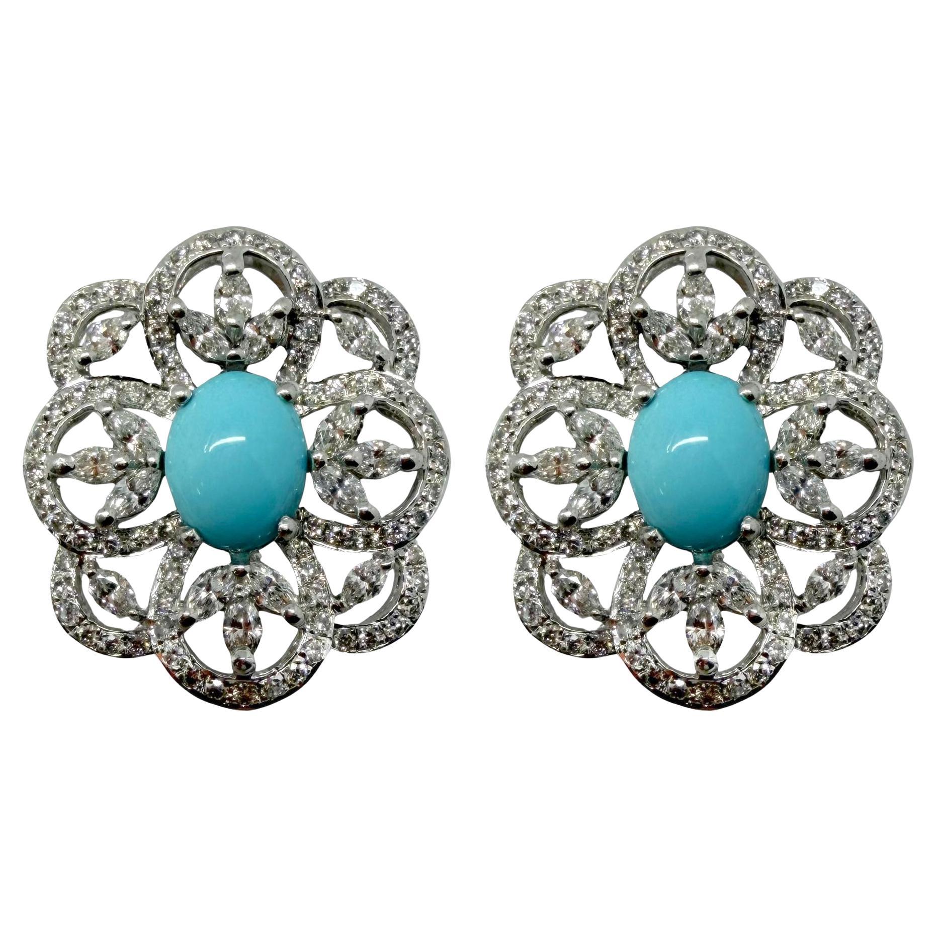 18k White Gold Diamond and Turquoise Earrings im Angebot