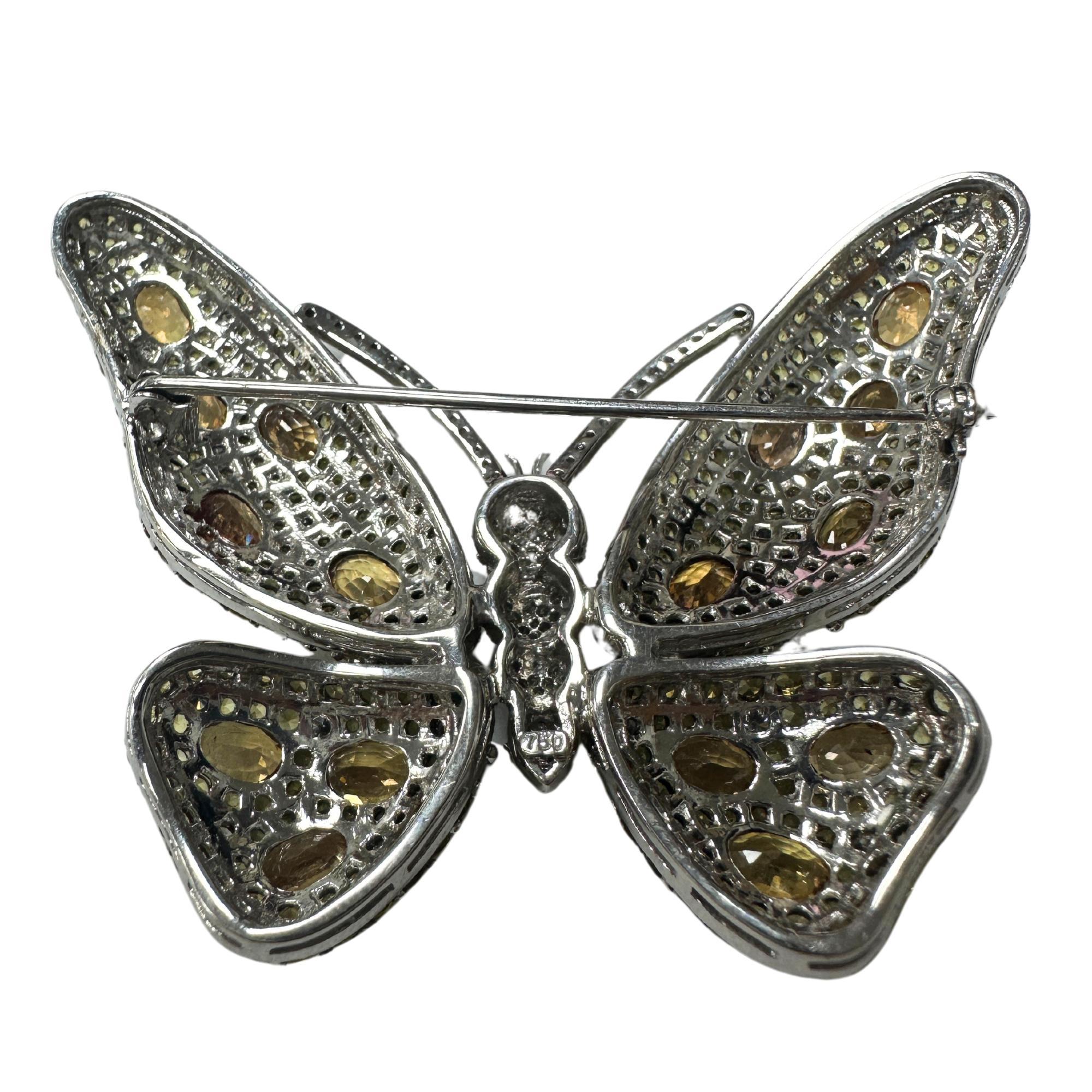 Round Cut 18K White Gold Diamond and Yellow Sapphire Butterfly Brooch For Sale