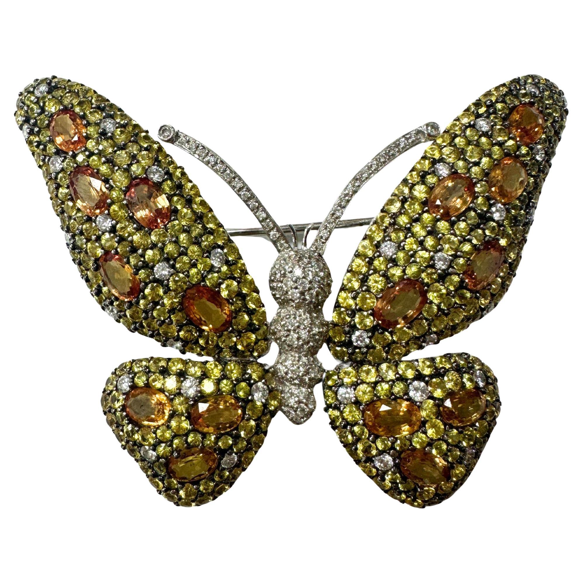 18K White Gold Diamond and Yellow Sapphire Butterfly Brooch