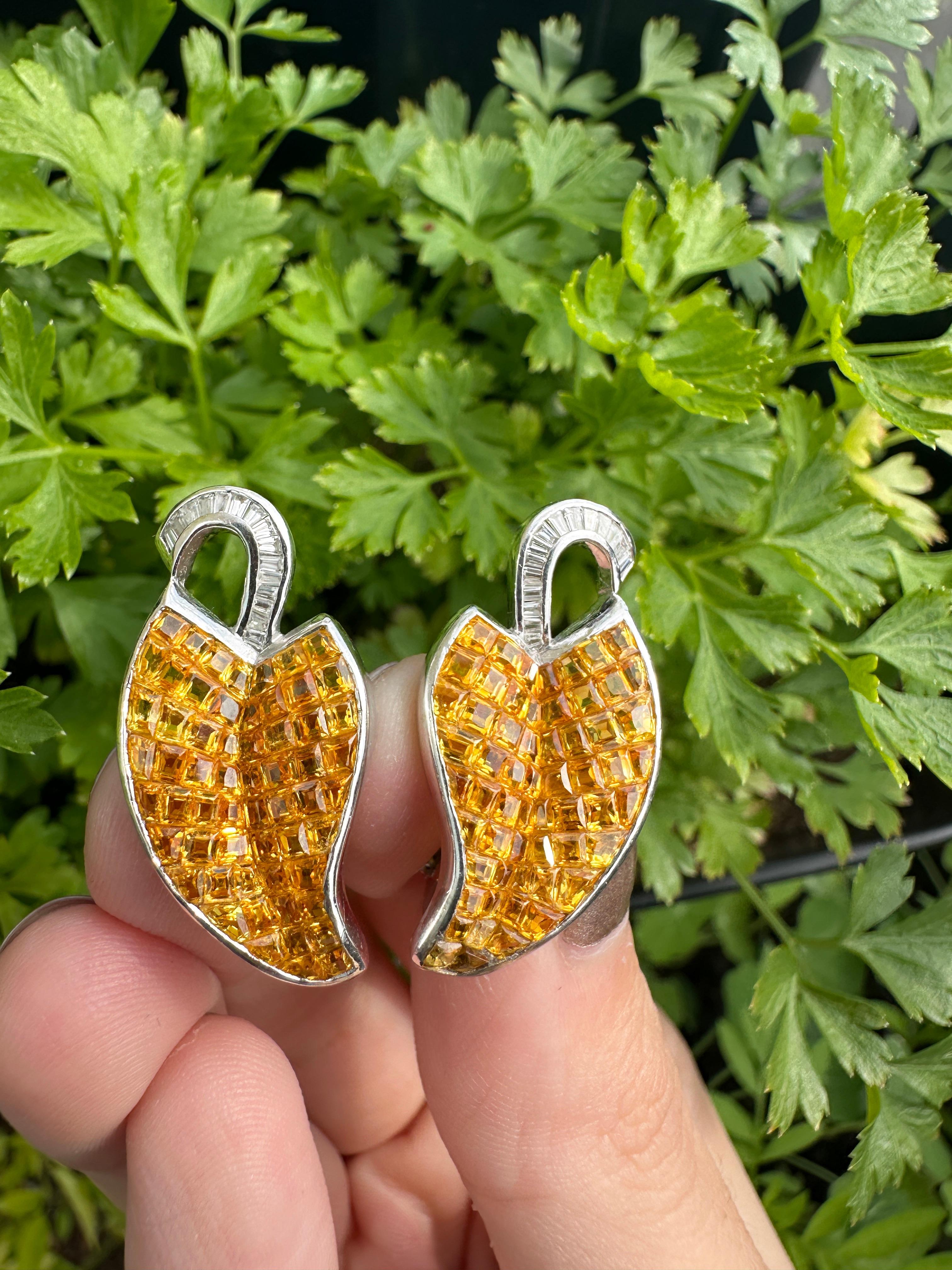 18k White Gold Diamond and Yellow Sapphire Earrings For Sale 5