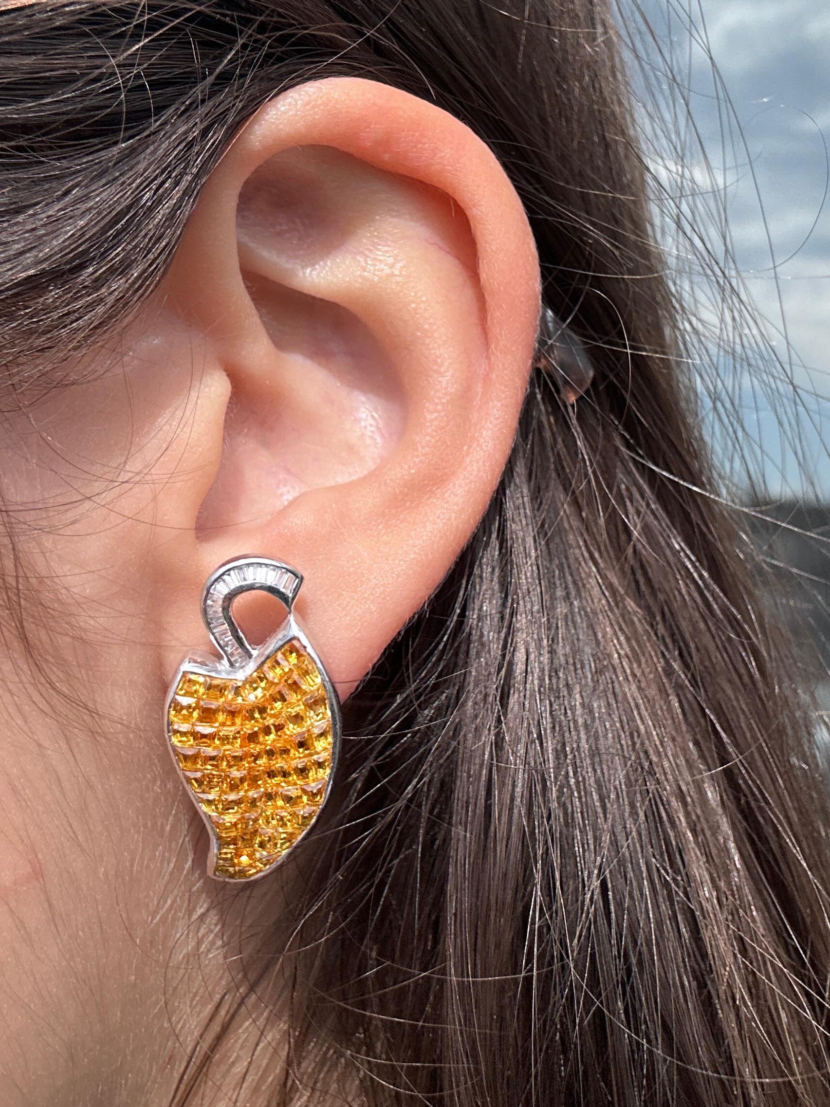 18k White Gold Diamond and Yellow Sapphire Earrings For Sale 6