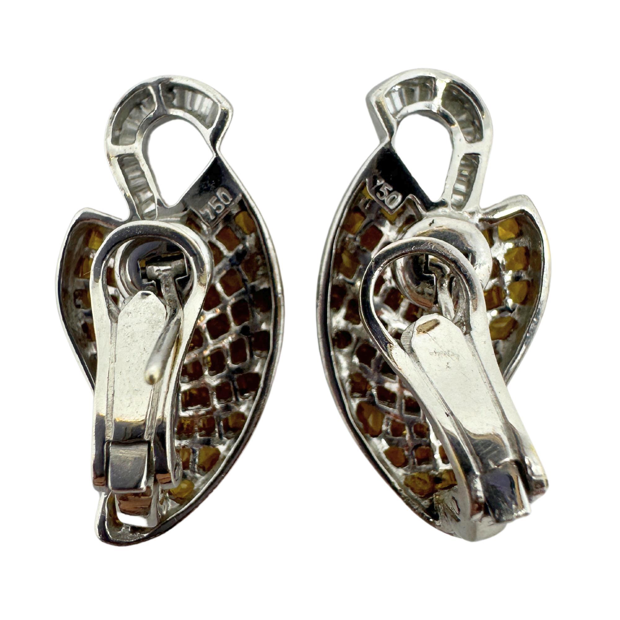 Modern 18k White Gold Diamond and Yellow Sapphire Earrings For Sale