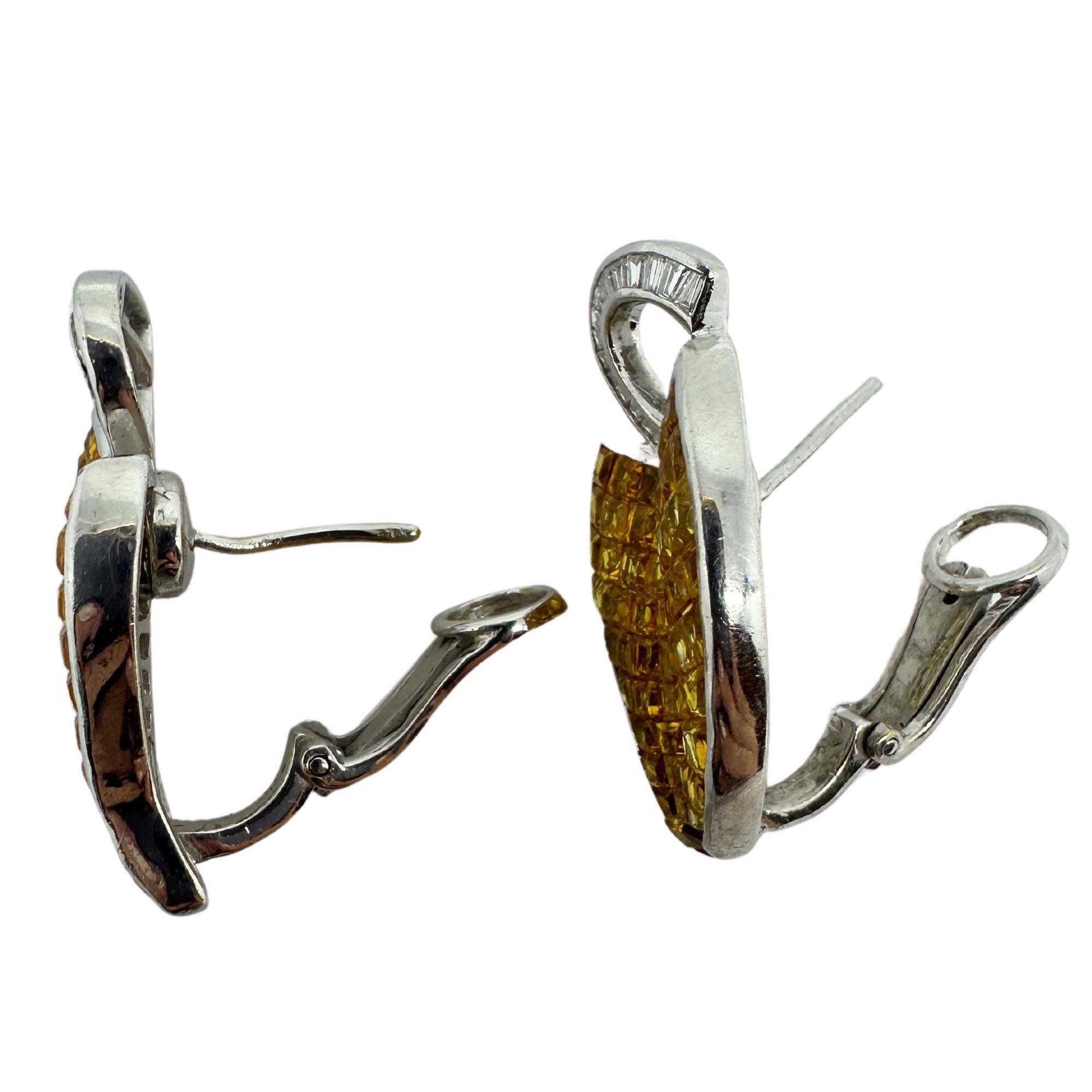 Square Cut 18k White Gold Diamond and Yellow Sapphire Earrings For Sale