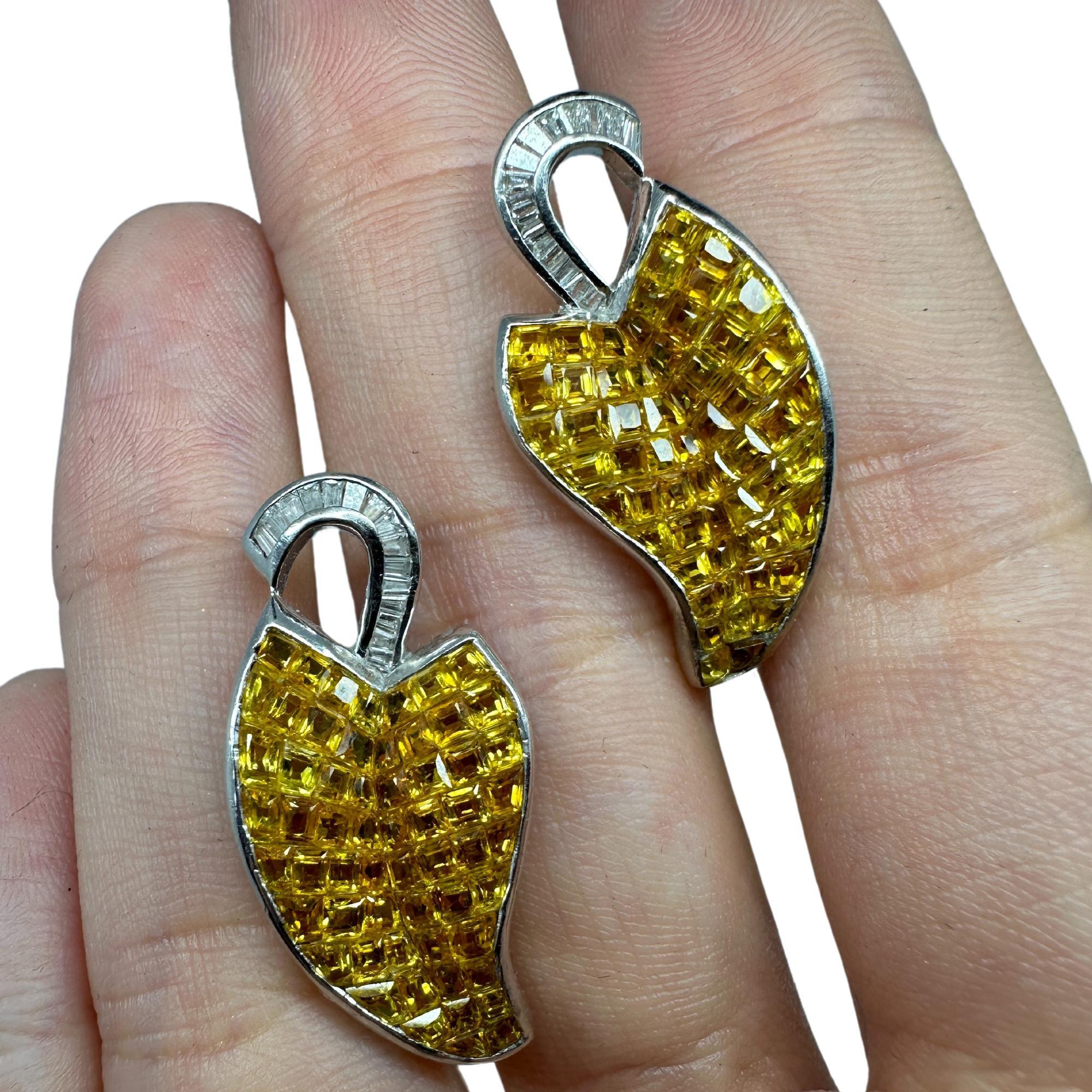 18k White Gold Diamond and Yellow Sapphire Earrings For Sale 1