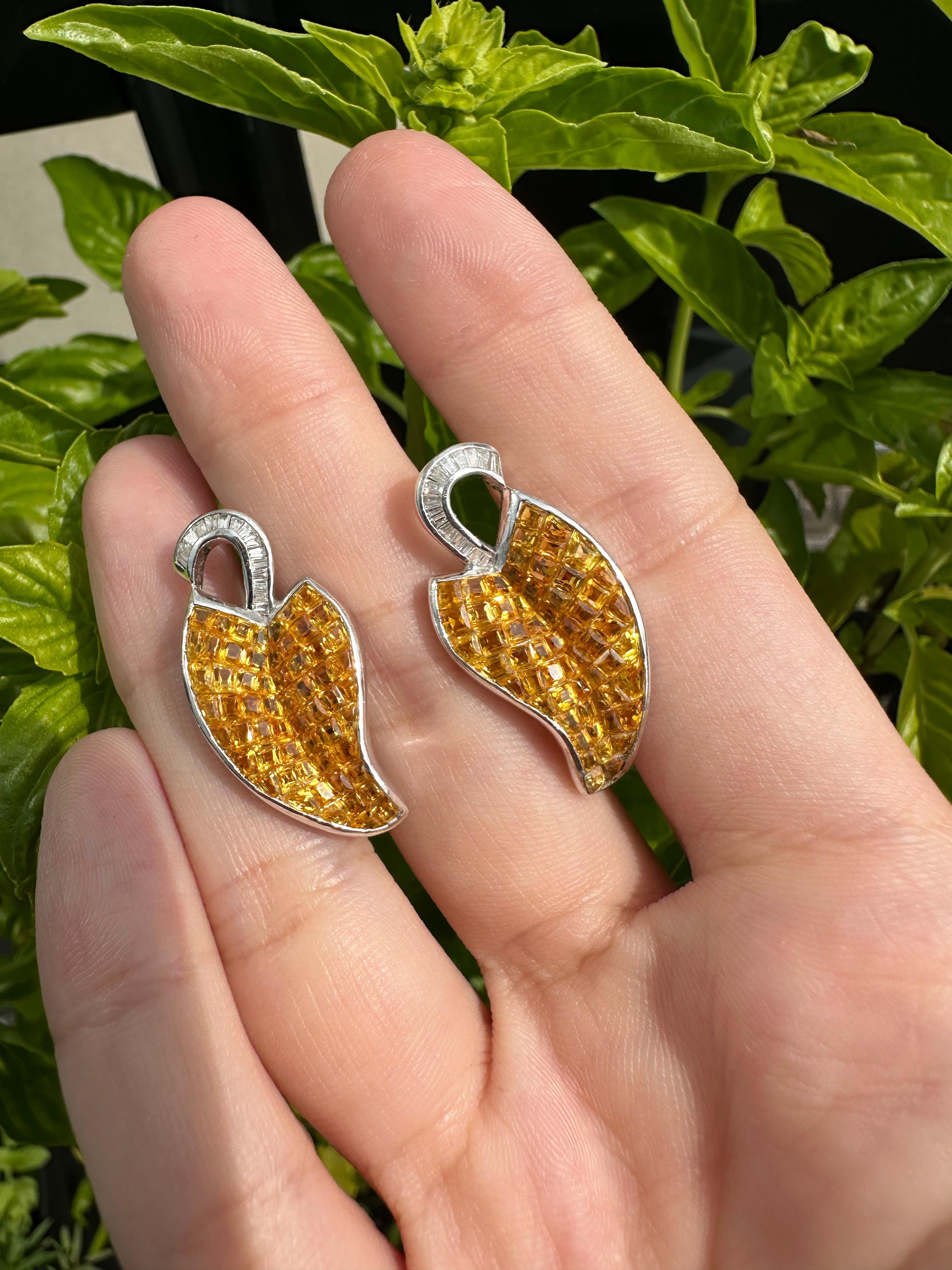18k White Gold Diamond and Yellow Sapphire Earrings For Sale 2