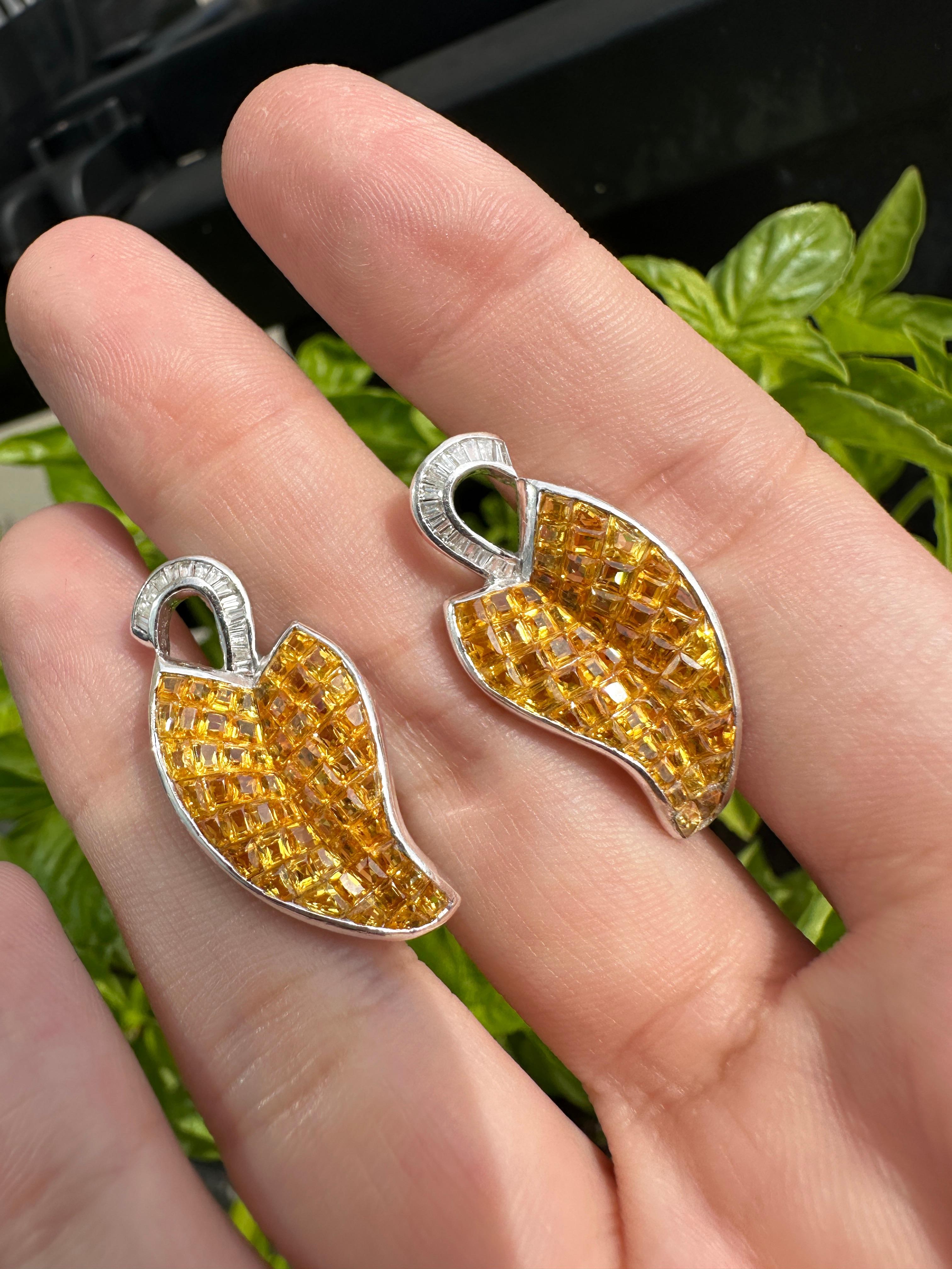 18k White Gold Diamond and Yellow Sapphire Earrings For Sale 3
