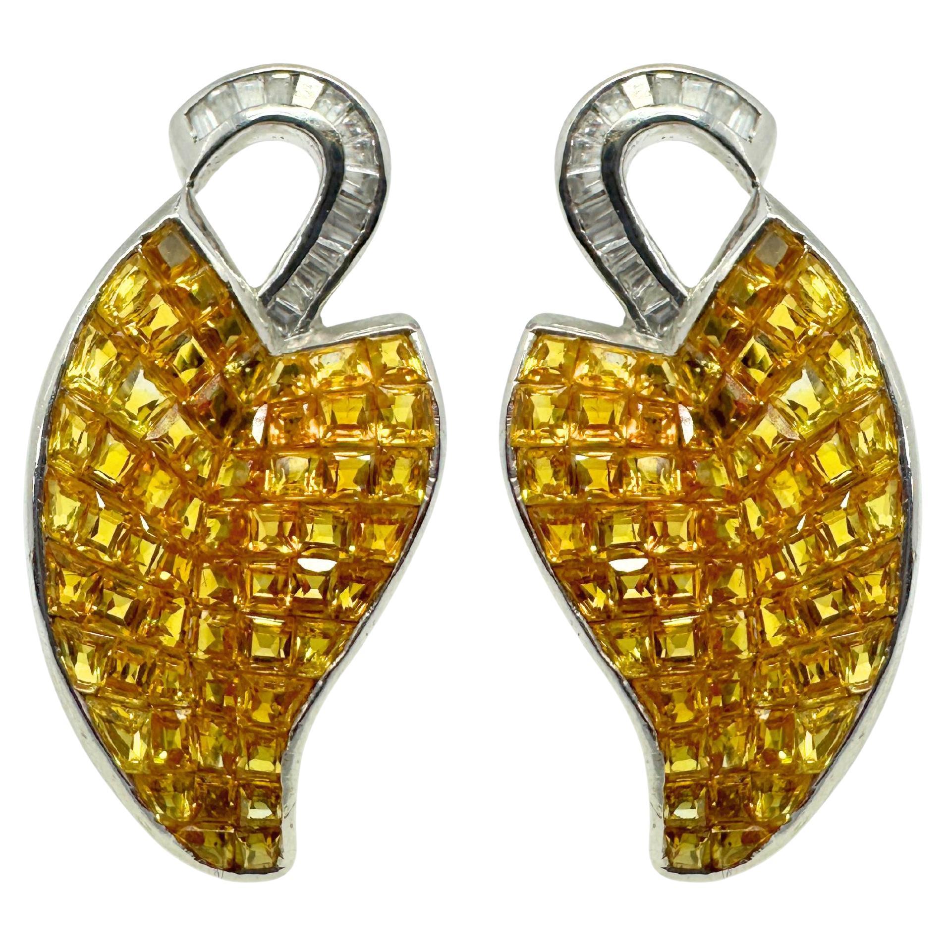 18k White Gold Diamond and Yellow Sapphire Earrings