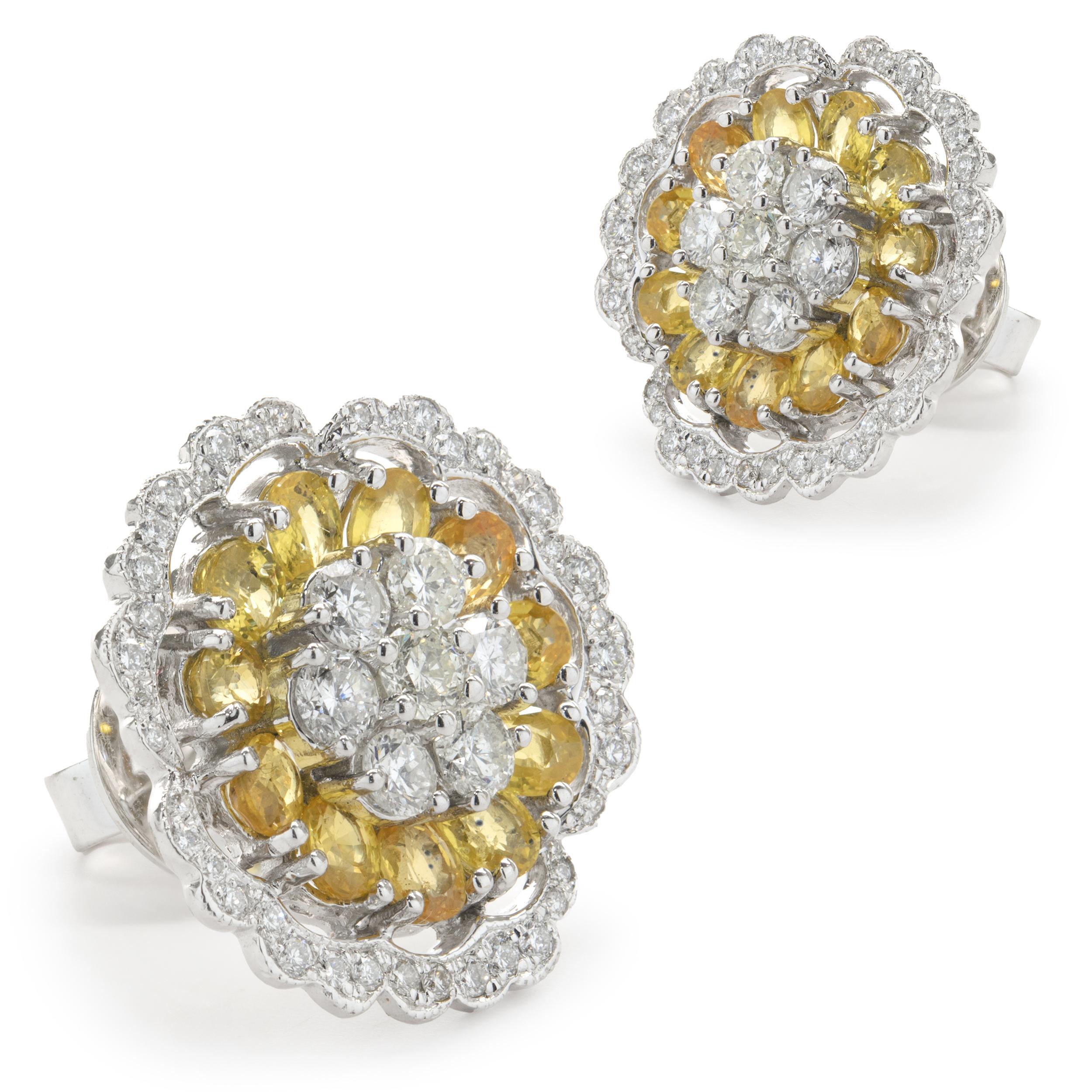 Designer: custom
Material: 18K White gold
Diamond: 47 round brilliant diamonds= 1.18cttw
Color: G
Clarity: SI2
Sapphire: 22 oval cut yellow sapphires= 5.06cttw
Dimensions: earrings measure 21mm in length
Fastenings: post with friction backs	
Weight:
