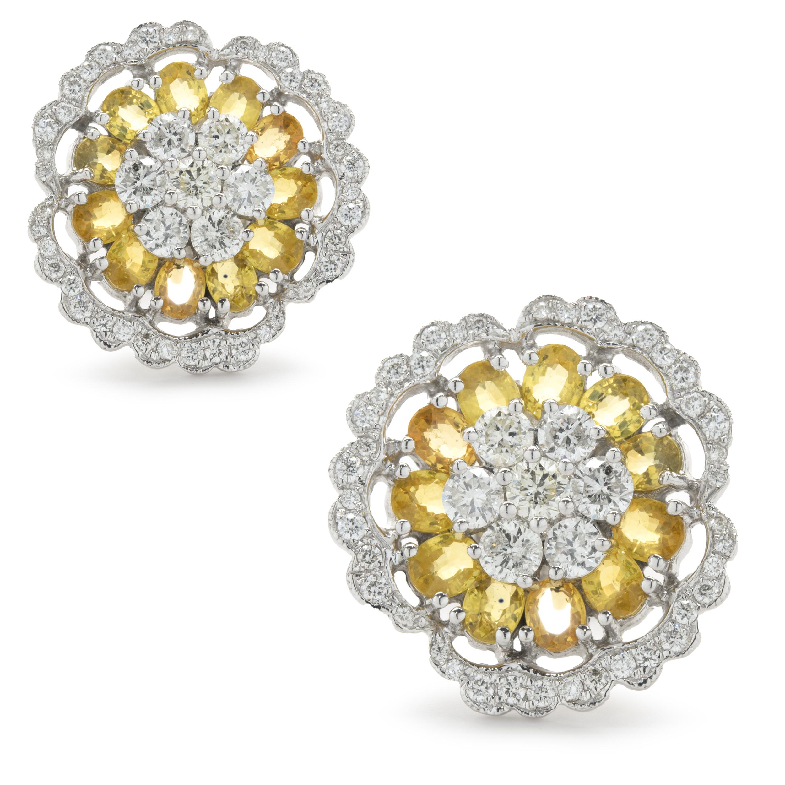 Oval Cut 18k White Gold Diamond and Yellow Sapphire Flower Earrings