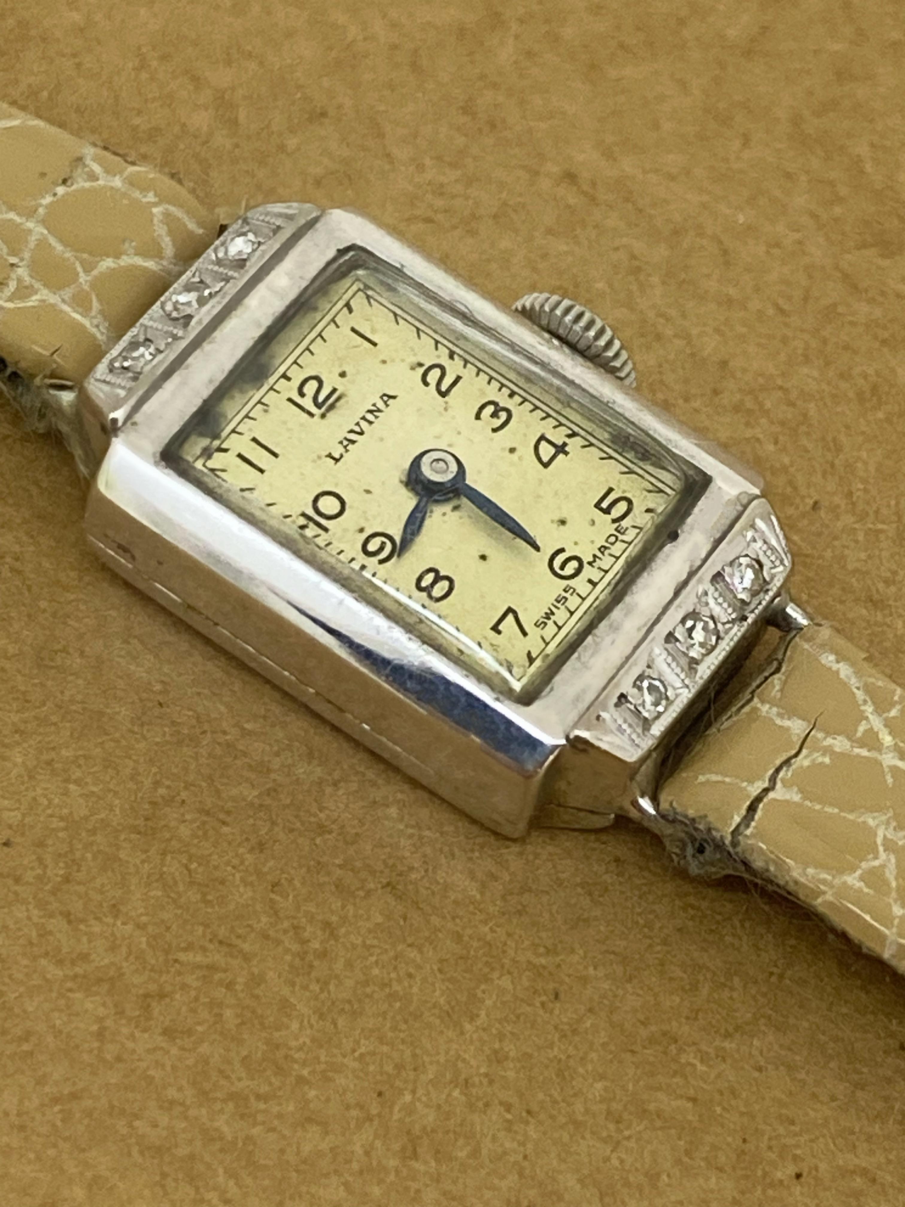 18K White Gold & Diamond Art-Deco 1930's Swiss Ladies Dress Watch by Lavina In Excellent Condition For Sale In MELBOURNE, AU