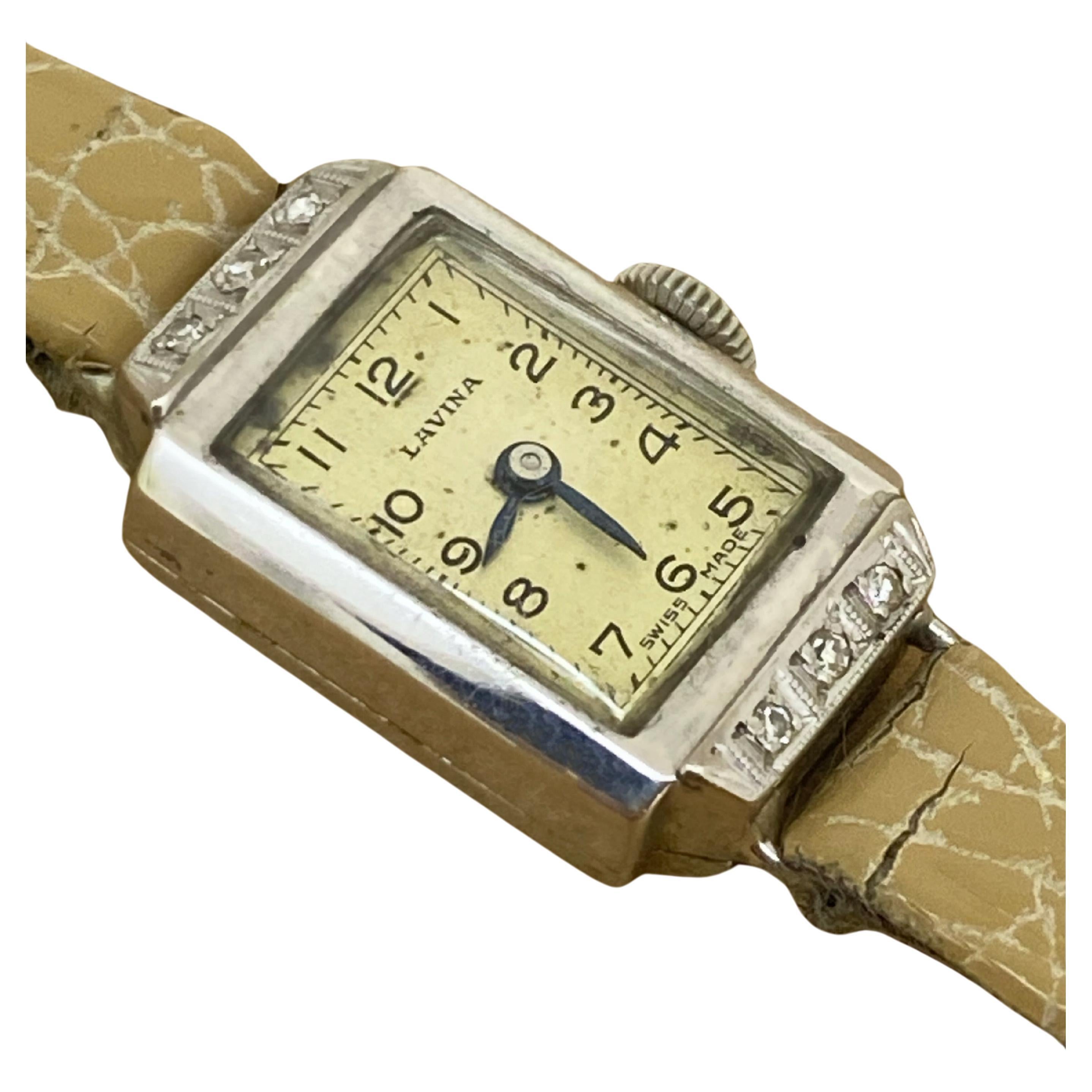 18 Karat Weißgold & Diamant Art-Deco 1930er Schweizer Damenarmbanduhr von Lavina im Angebot