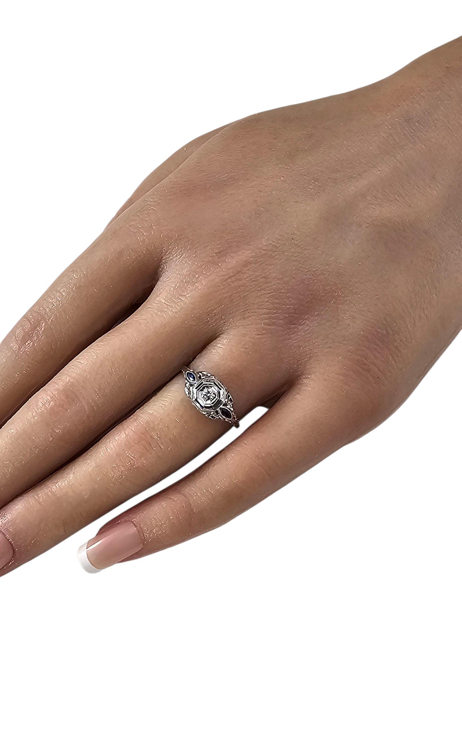 Anello Art Deco con diamante in oro bianco 18K misura 6,5 #23776 in vendita 1