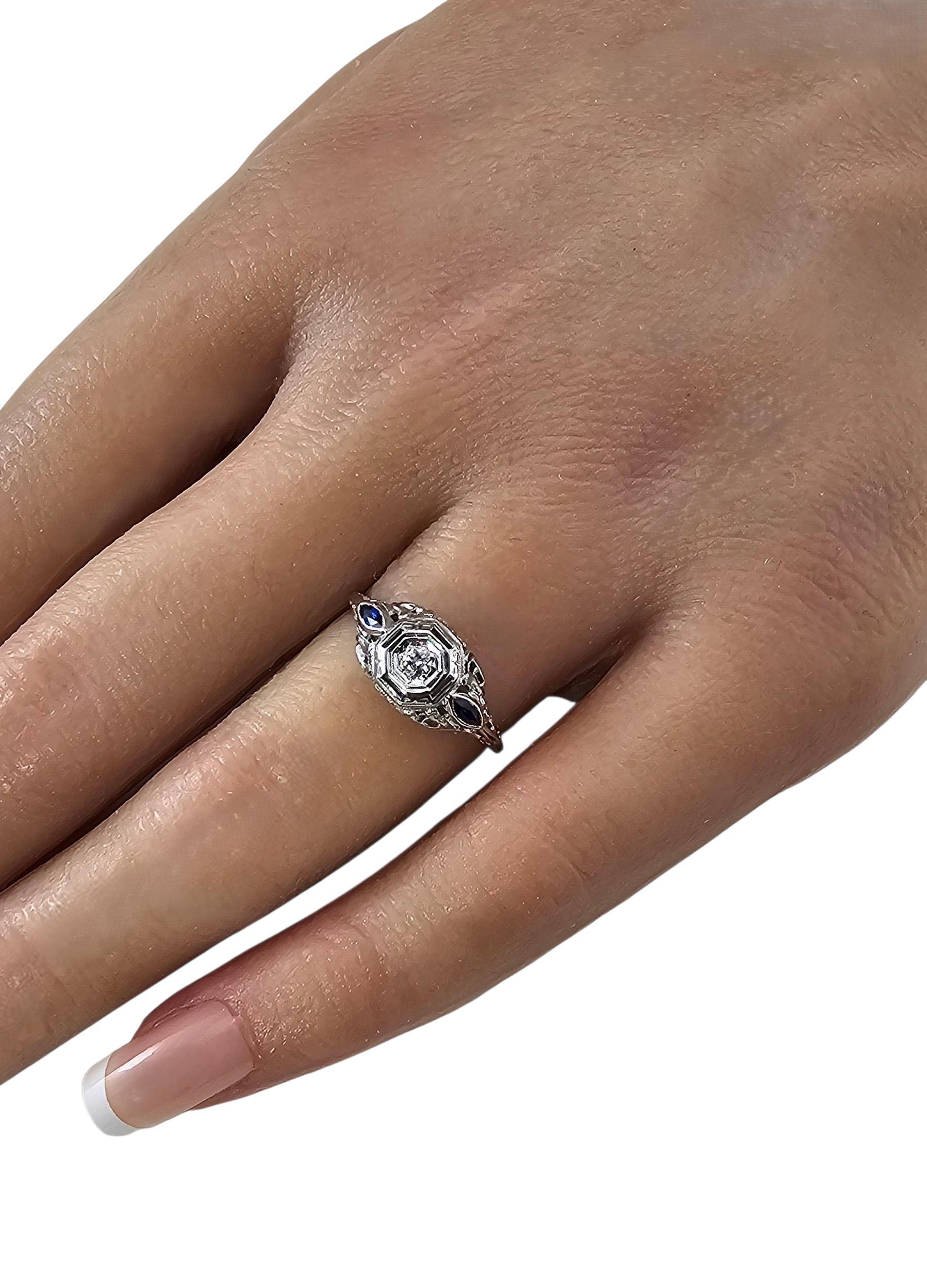 Anello Art Deco con diamante in oro bianco 18K misura 6,5 #23776 in vendita 2