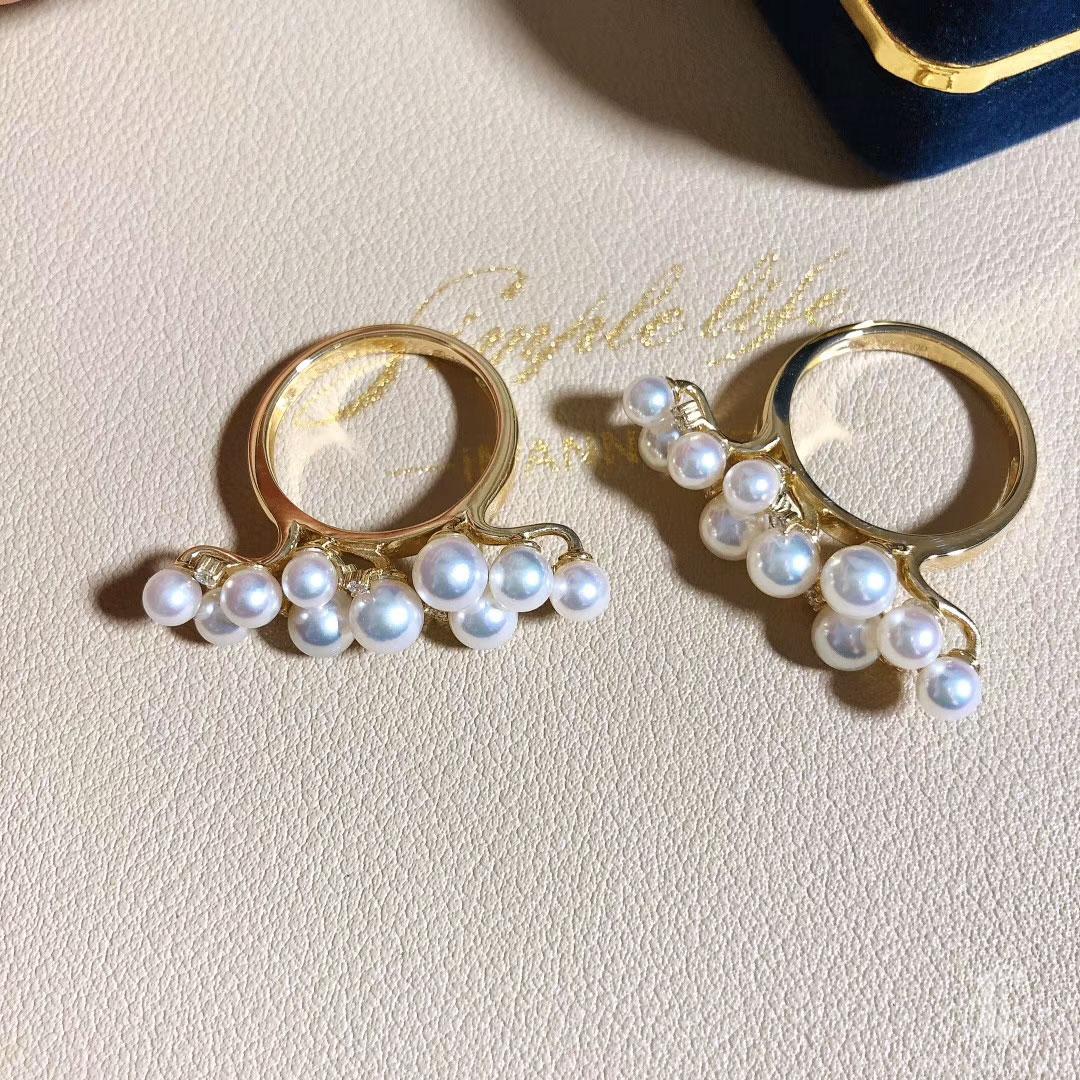 Uncut Aurora Baby Akoya Pearl Cascade Ring in 18K White Gold