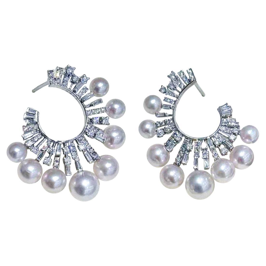 【Sculpted Geometry】Radiant Burst Aurora Akoya Pearl Diamond Evening Earrings