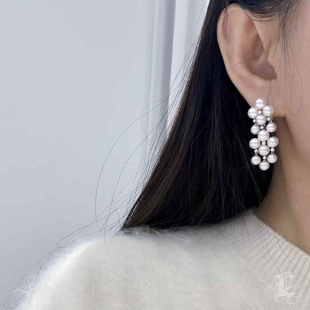 Uncut 【Lustre Arc】Cluster Aurora Baby Akoya Pearl Diamond Dangle Earrings For Sale