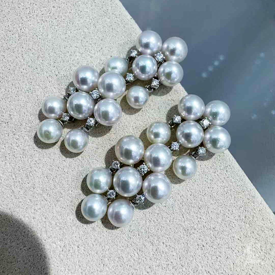 Women's 【Lustre Arc】Cluster Aurora Baby Akoya Pearl Diamond Dangle Earrings For Sale