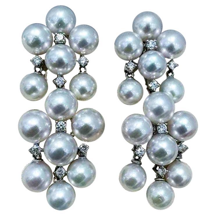 【Lustre Arc】Cluster Aurora Baby Akoya Pearl Diamond Dangle Earrings For Sale