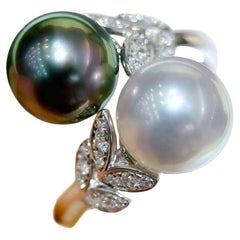 18k White Gold Diamond Aurora 9-10 mm South Sea and Tahitian Double Pearls Ring
