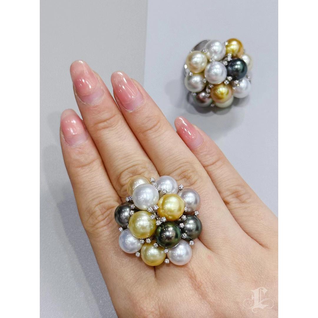 Non taillé 【Lustre Arc】Aurora Symphony Bague diamant multicolore des mers du Sud et perle de Tahiti en vente
