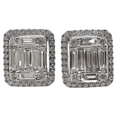 18k White Gold Diamond Baguette and Round Brilliant Cut Diamonds Stud Earrings