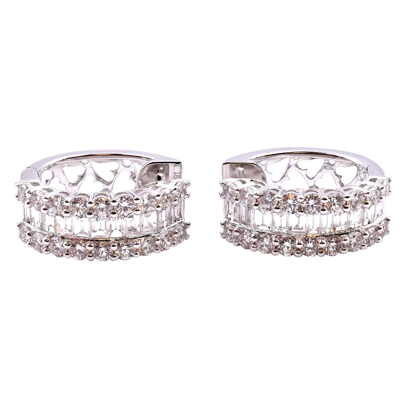 18 Karat White Gold Diamond Baguette and Round Hoop Cluster Earrings