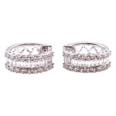 18 Karat White Gold Diamond Baguette and Round Hoop Cluster Earrings